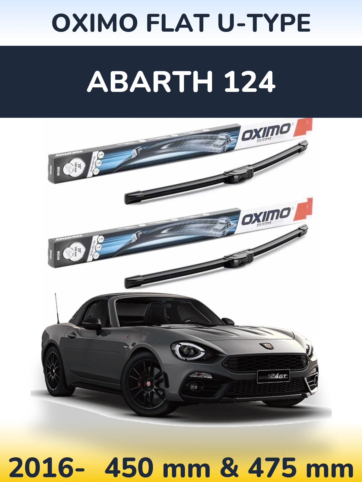 Комплект передних дворников Oximo Flat U-type 450 & 475 мм для Abarth 124 2016-2026