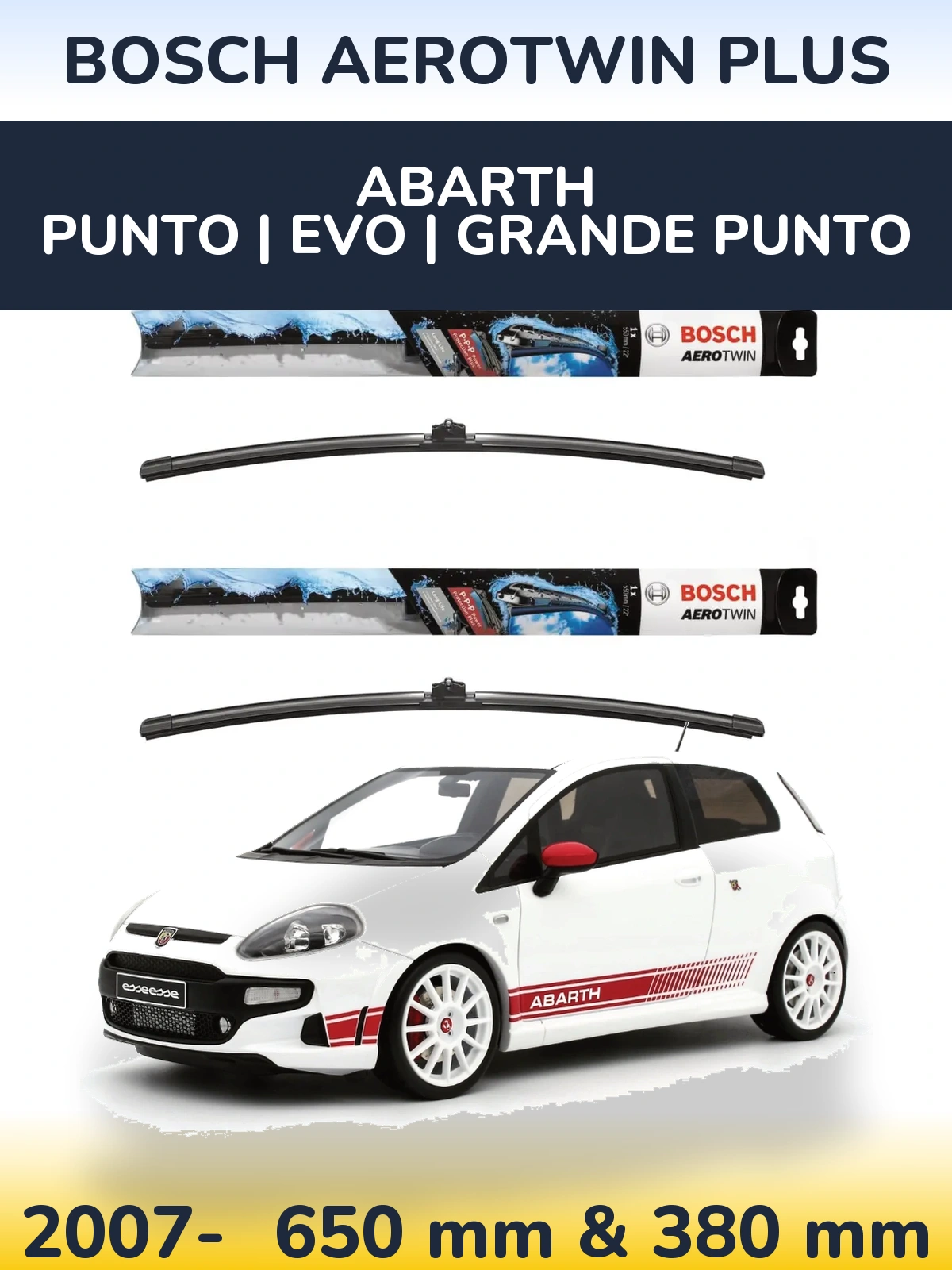 Komplet przednich wycieraczek BOSCH AeroTwin Plus 650 & 380 mm do Abarth Punto | Evo | Grande Punto 2007-2026