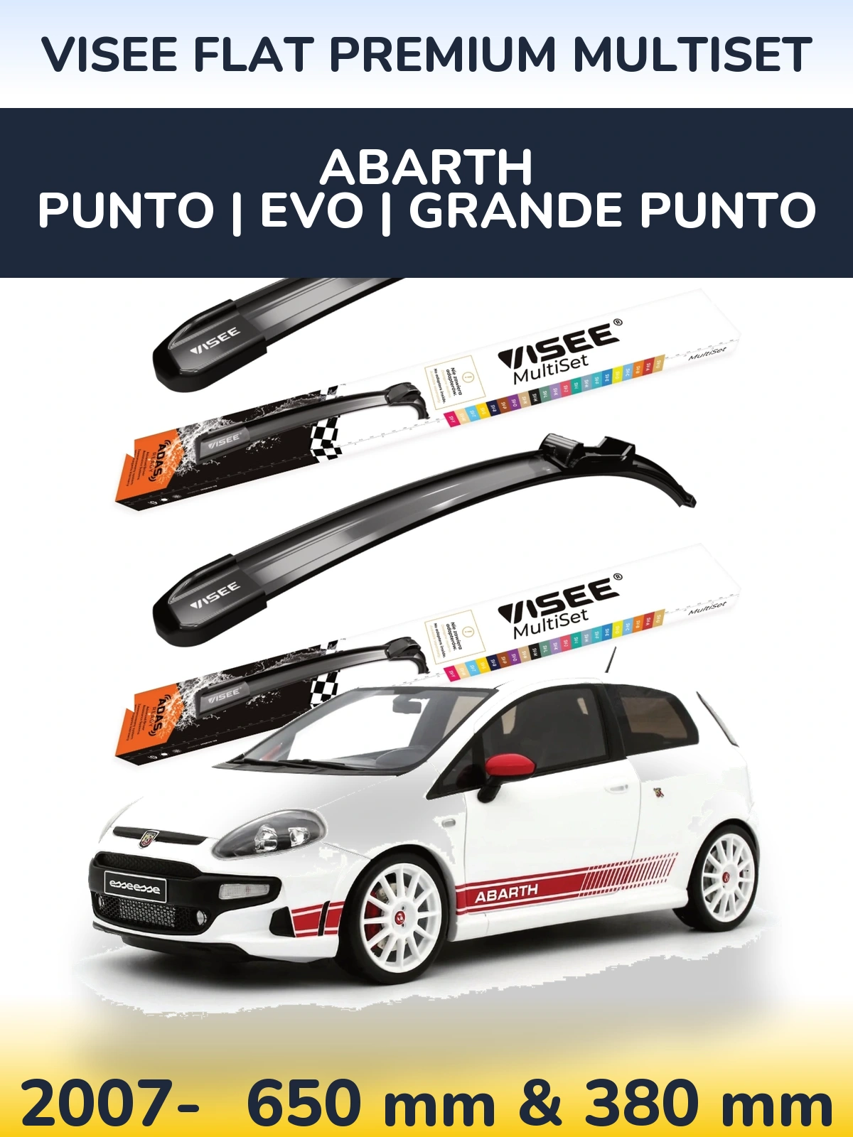 Komplet przednich wycieraczek VISEE FLAT PREMIUM MultiSet 650 & 380 mm do Abarth Punto | Evo | Grande Punto 2007-2026