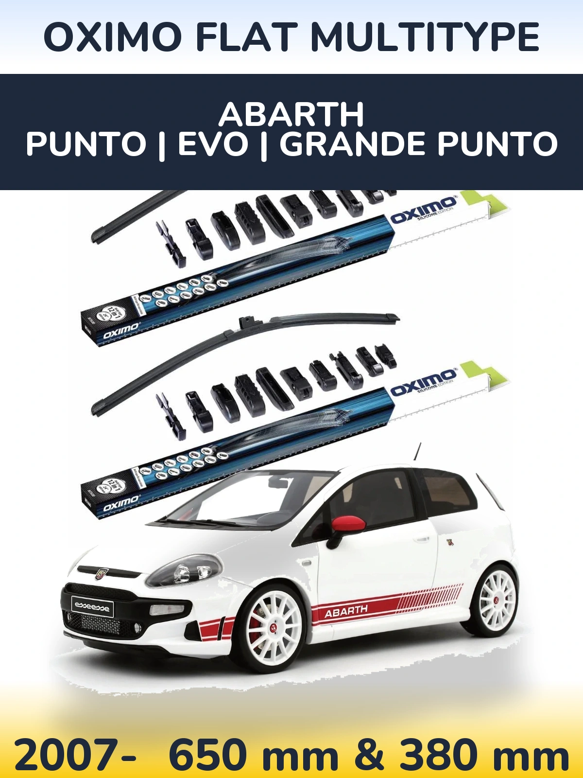 Komplet przednich wycieraczek Oximo Flat MultiType 650 & 380 mm do Abarth Punto | Evo | Grande Punto 2007-2026