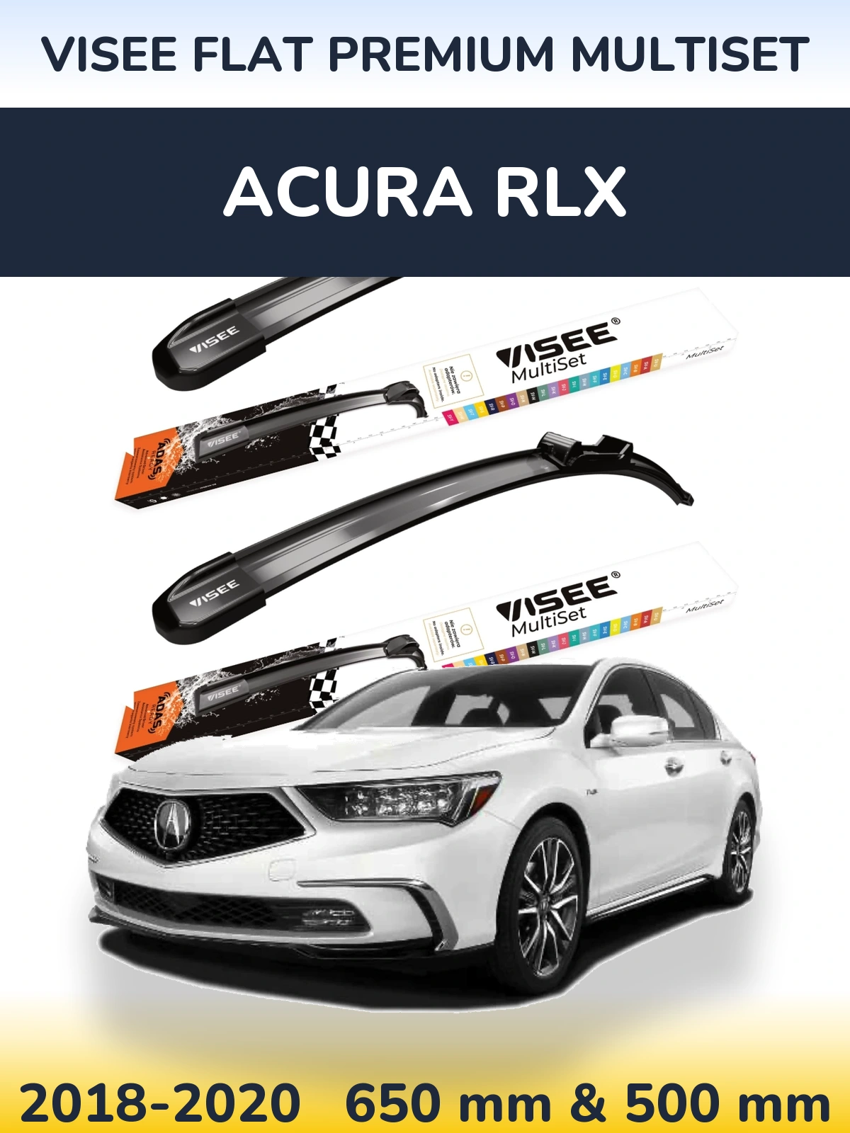 Комплект передних дворников VISEE FLAT PREMIUM MultiSet 650 & 500 мм для Acura RLX 2018-2020
