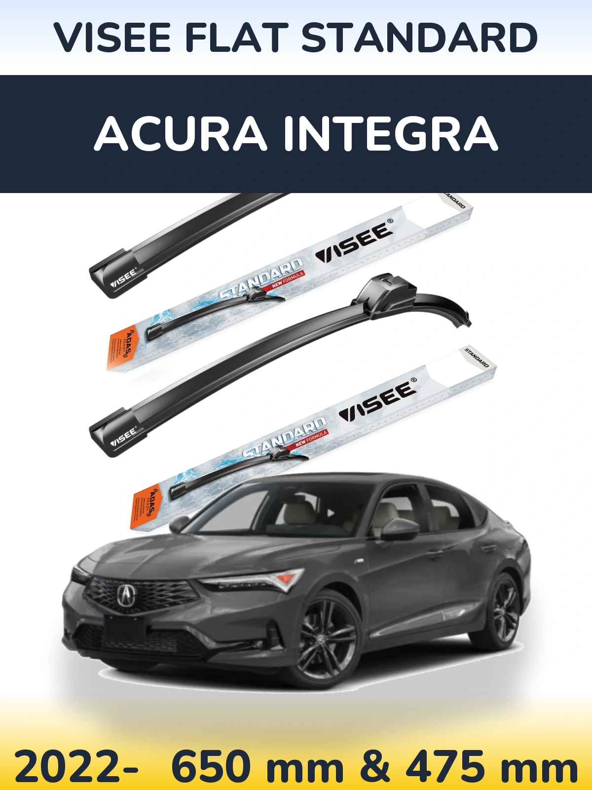 Комплект передних дворников VISEE FLAT STANDARD 650 & 475 мм для Acura Integra 2022-2026