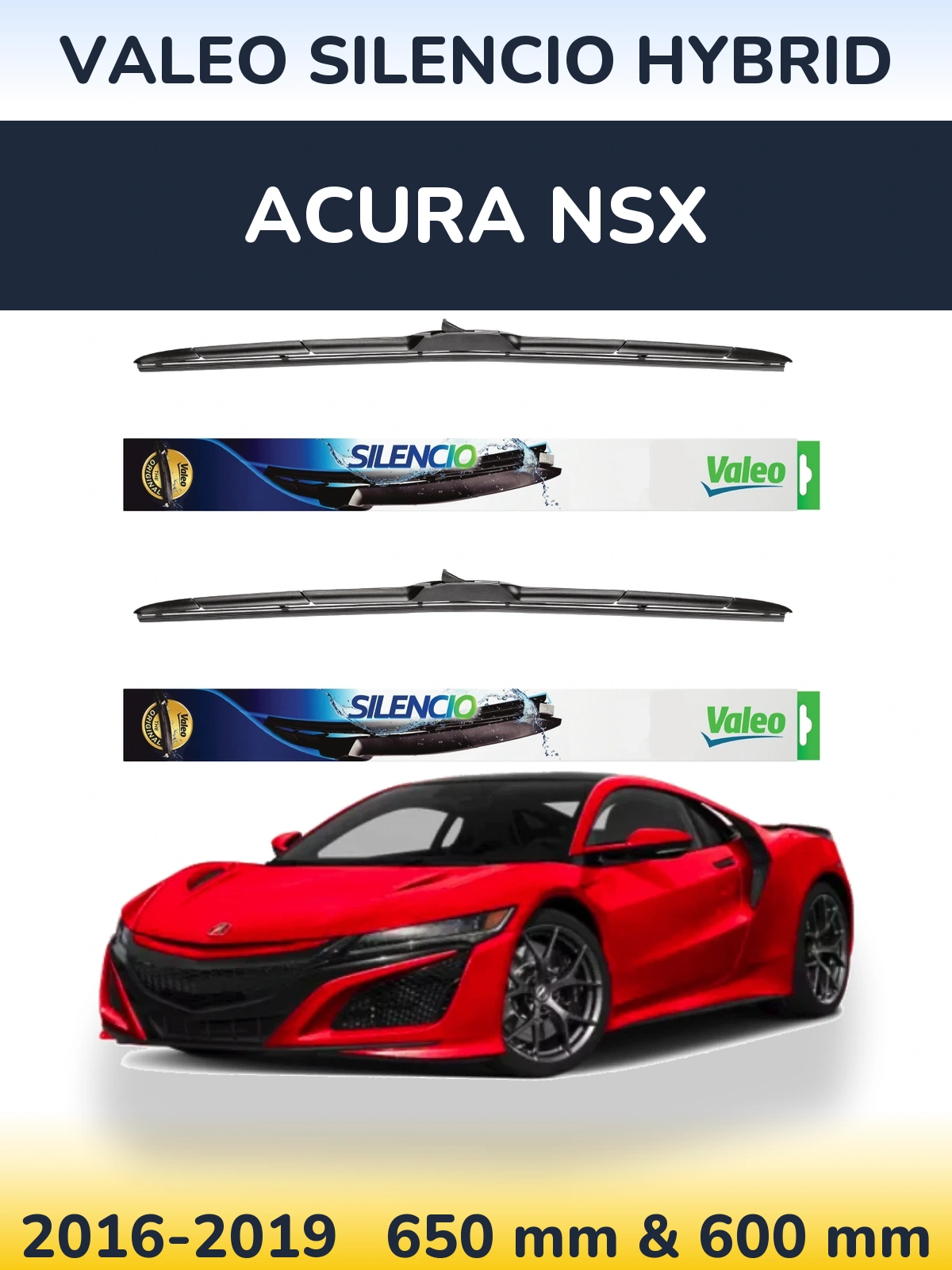 Komplet przednich wycieraczek Valeo Silencio Hybrid 650 & 600 mm do Acura NSX 2016-2019