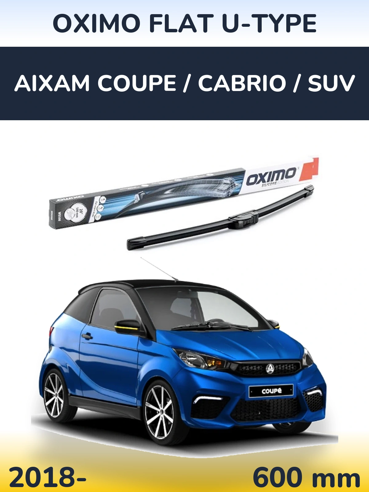 Передний дворник Oximo Flat U-type 600 мм для Aixam Coupe / Cabrio / SUV 2018-2026