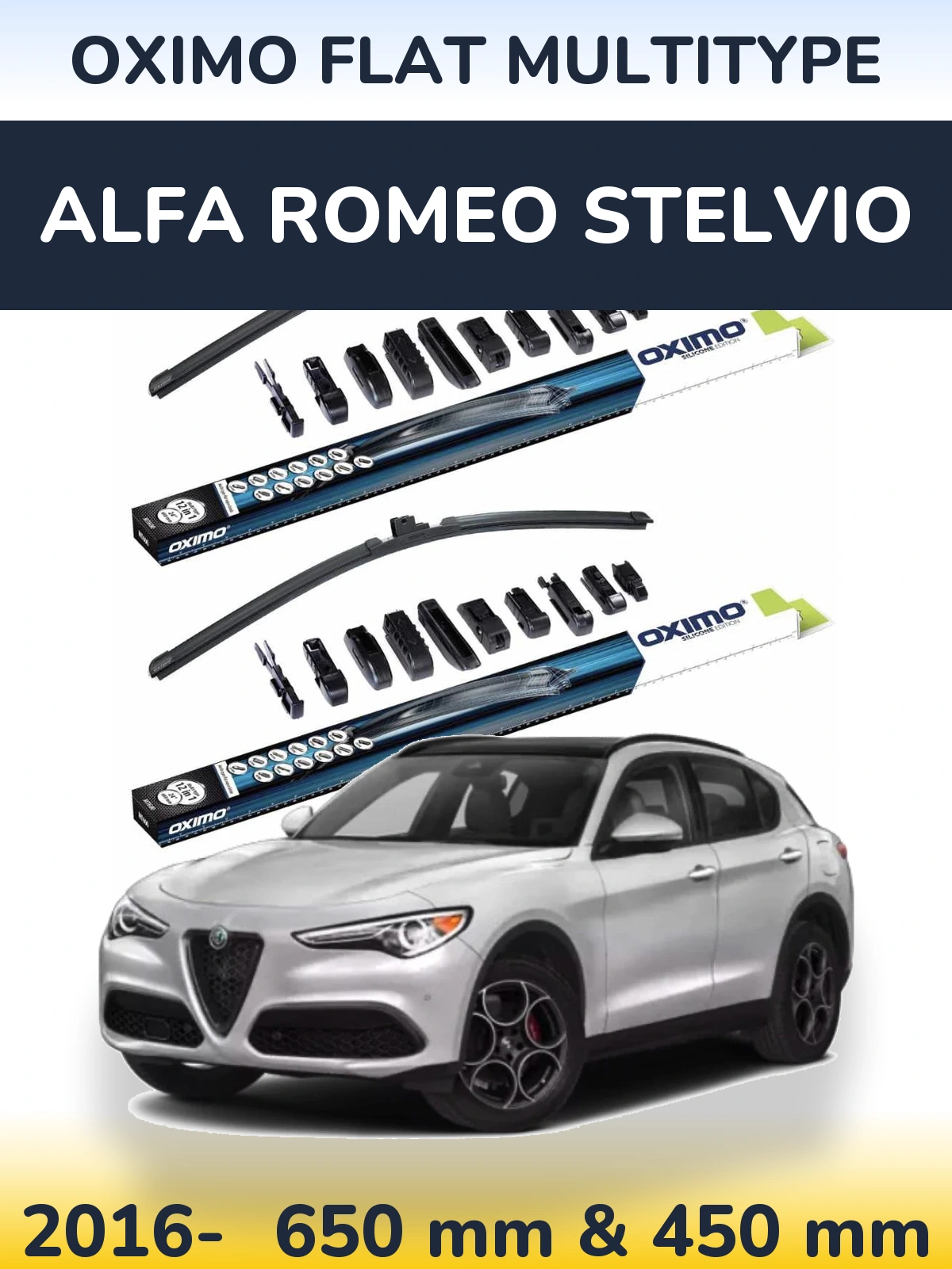 Komplet przednich wycieraczek Oximo Flat MultiType 650 & 450 mm do Alfa Romeo Stelvio 2016-2026