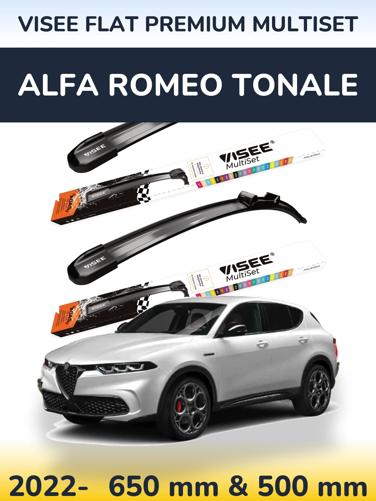 Komplet przednich wycieraczek VISEE FLAT PREMIUM MultiSet 650 & 500 mm do Alfa Romeo Tonale 2022-2026