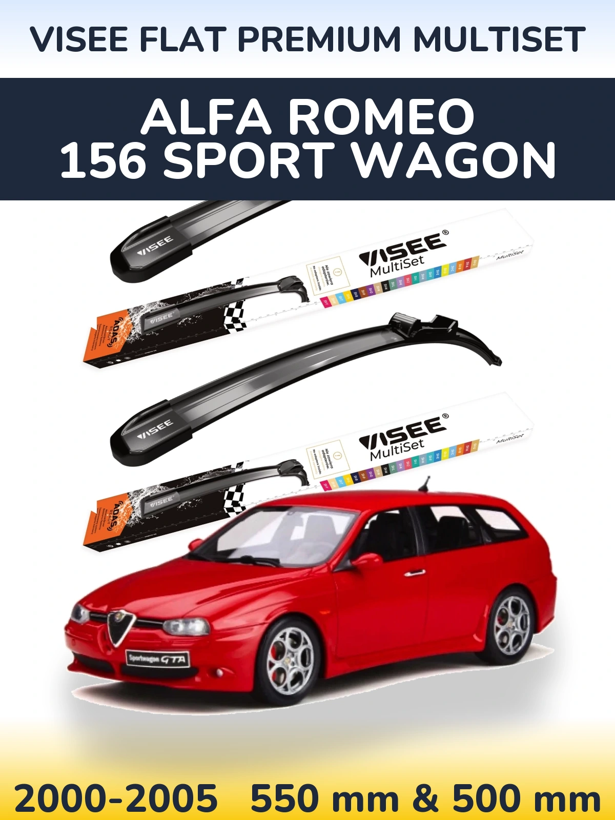Komplet przednich wycieraczek VISEE FLAT PREMIUM MultiSet 550 & 500 mm do Alfa Romeo 156 Sport Wagon 2000-2005