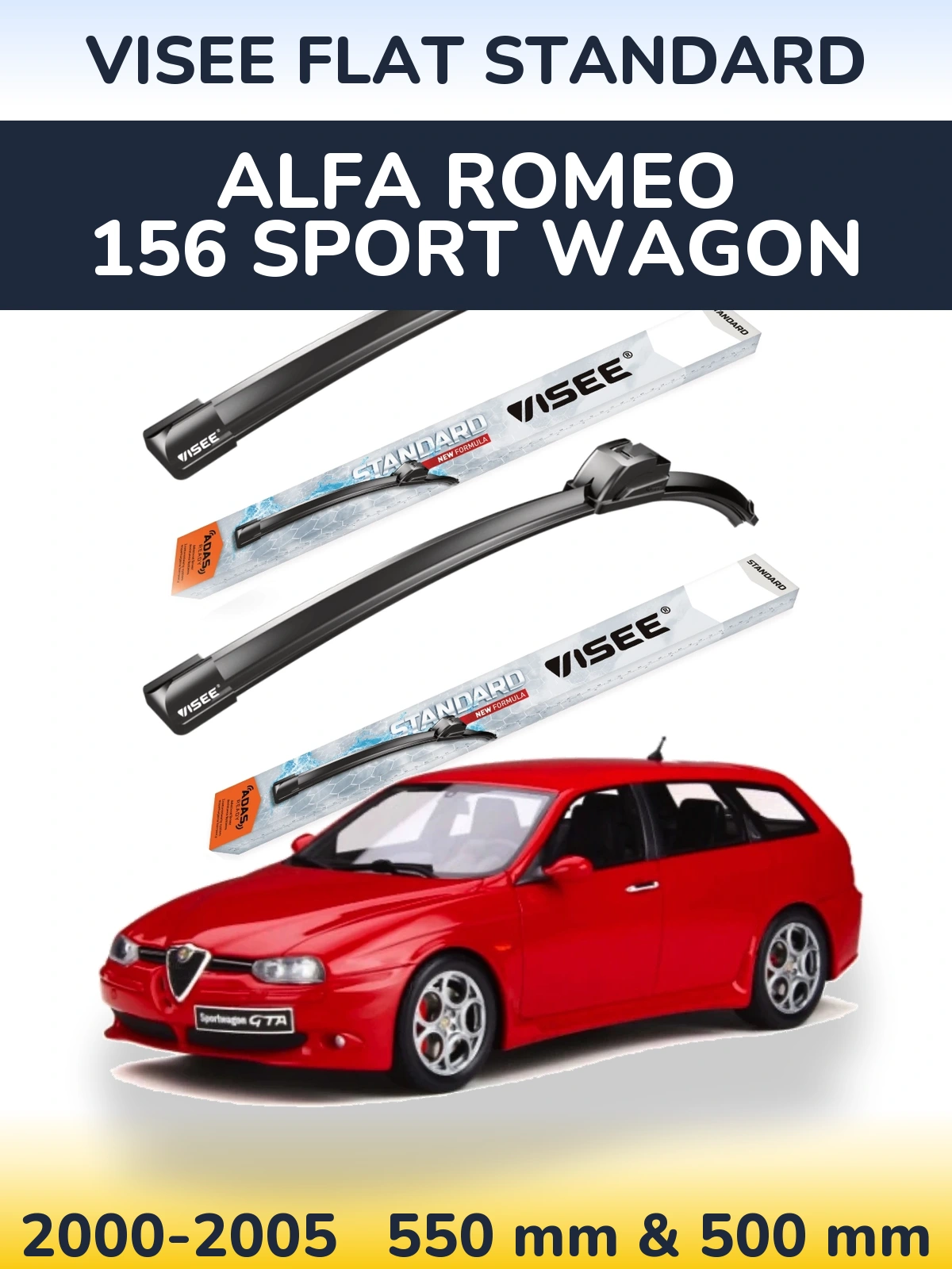 Komplet przednich wycieraczek VISEE FLAT STANDARD 550 & 500 mm do Alfa Romeo 156 Sport Wagon 2000-2005