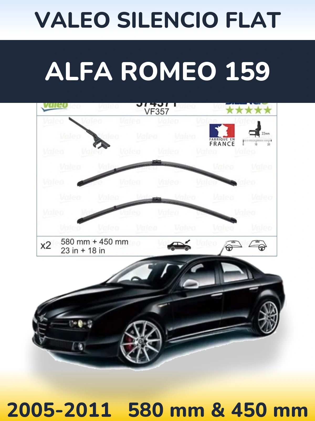Komplet przednich wycieraczek Valeo Silencio Flat 580 & 450 mm do Alfa Romeo 159 2005-2011