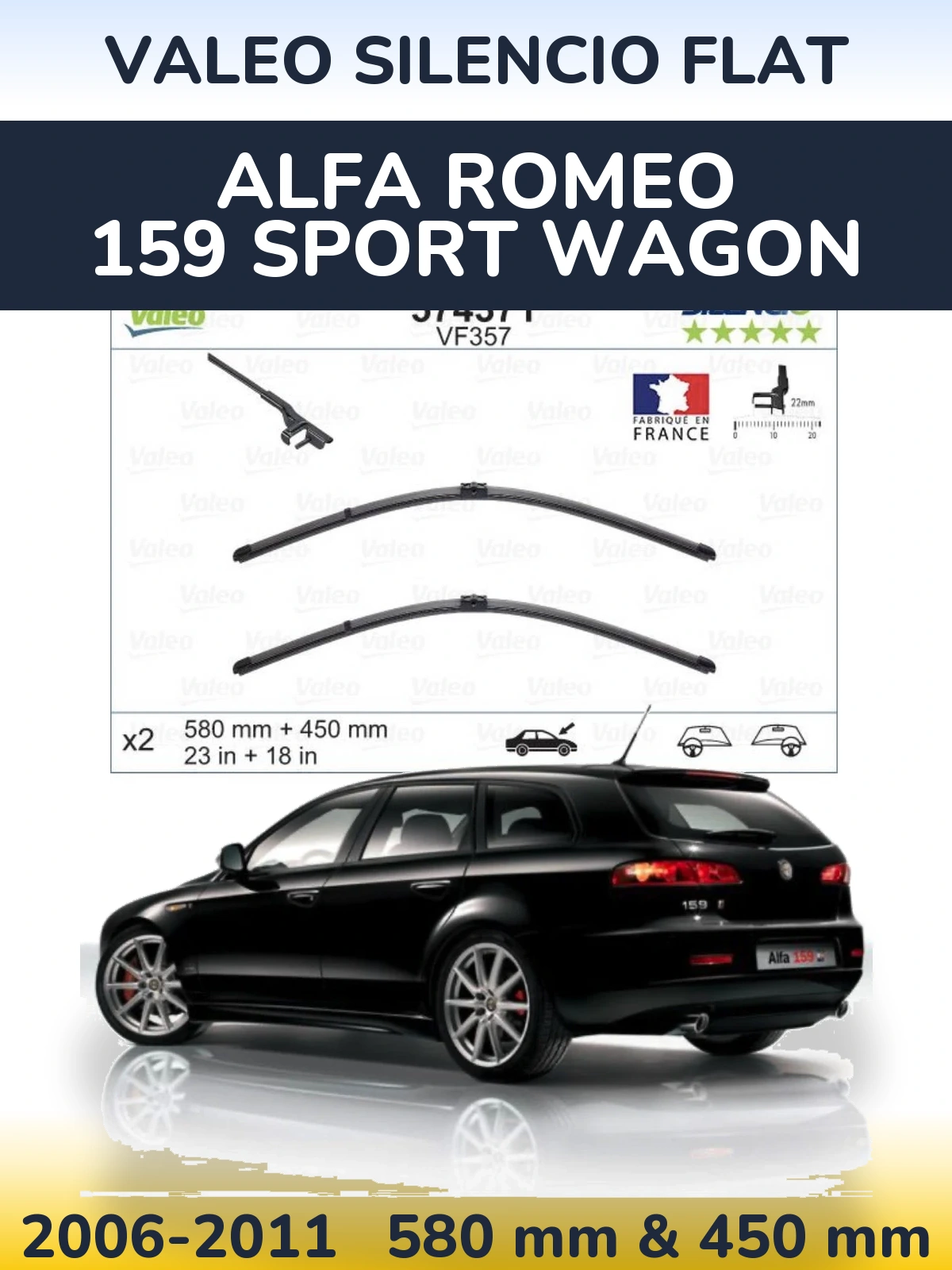 Komplet przednich wycieraczek Valeo Silencio Flat 580 & 450 mm do Alfa Romeo 159 Sport Wagon 2006-2011