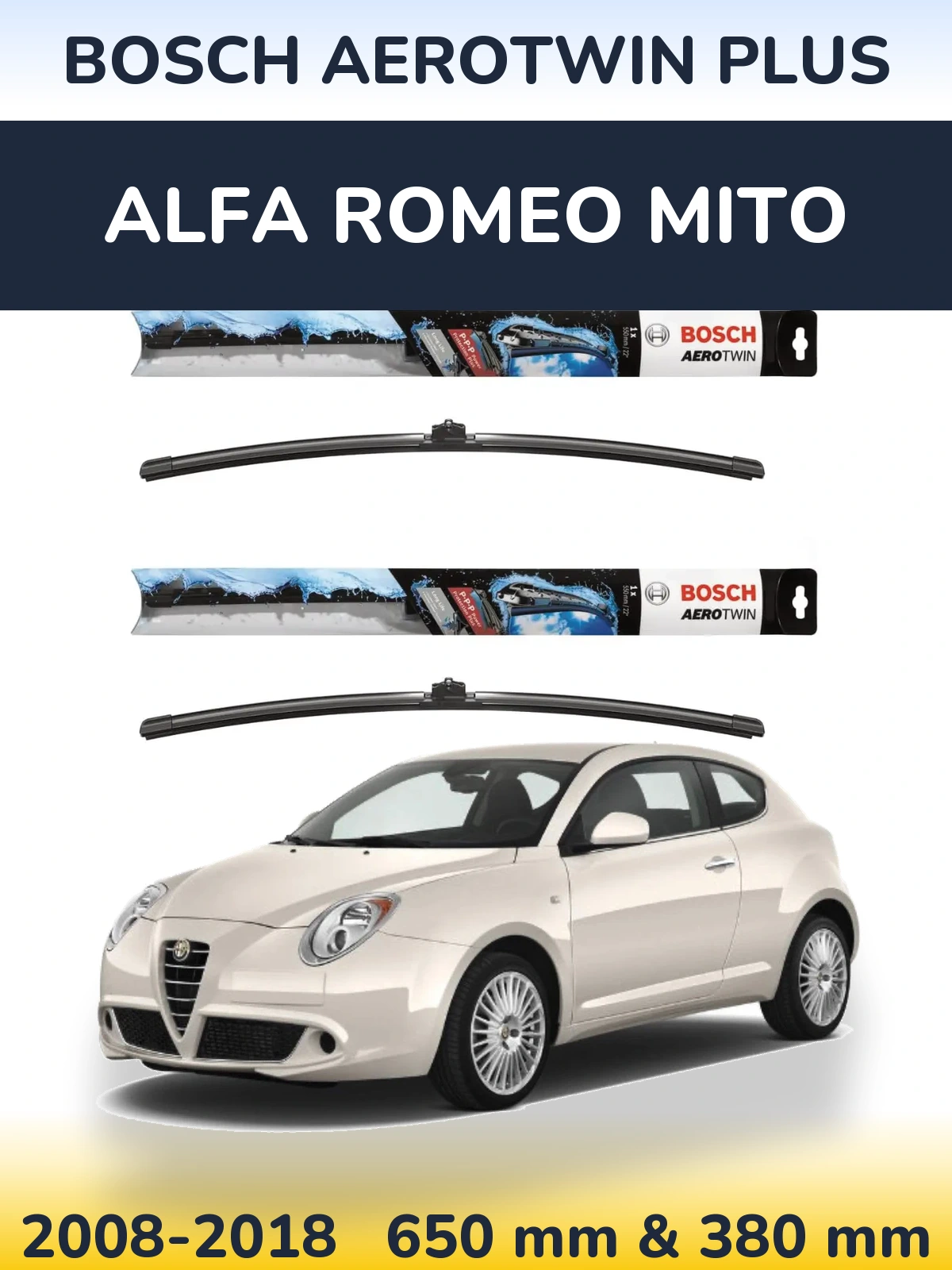 Komplet przednich wycieraczek BOSCH AeroTwin Plus 650 & 380 mm do Alfa Romeo MiTo 2008-2018