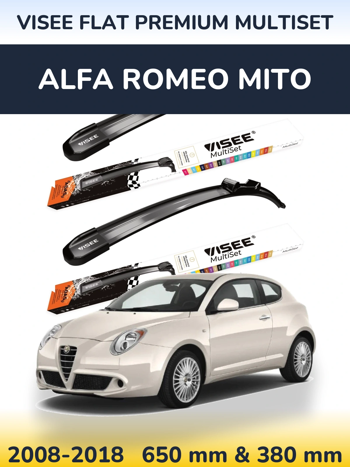 Komplet przednich wycieraczek VISEE FLAT PREMIUM MultiSet 650 & 380 mm do Alfa Romeo MiTo 2008-2018