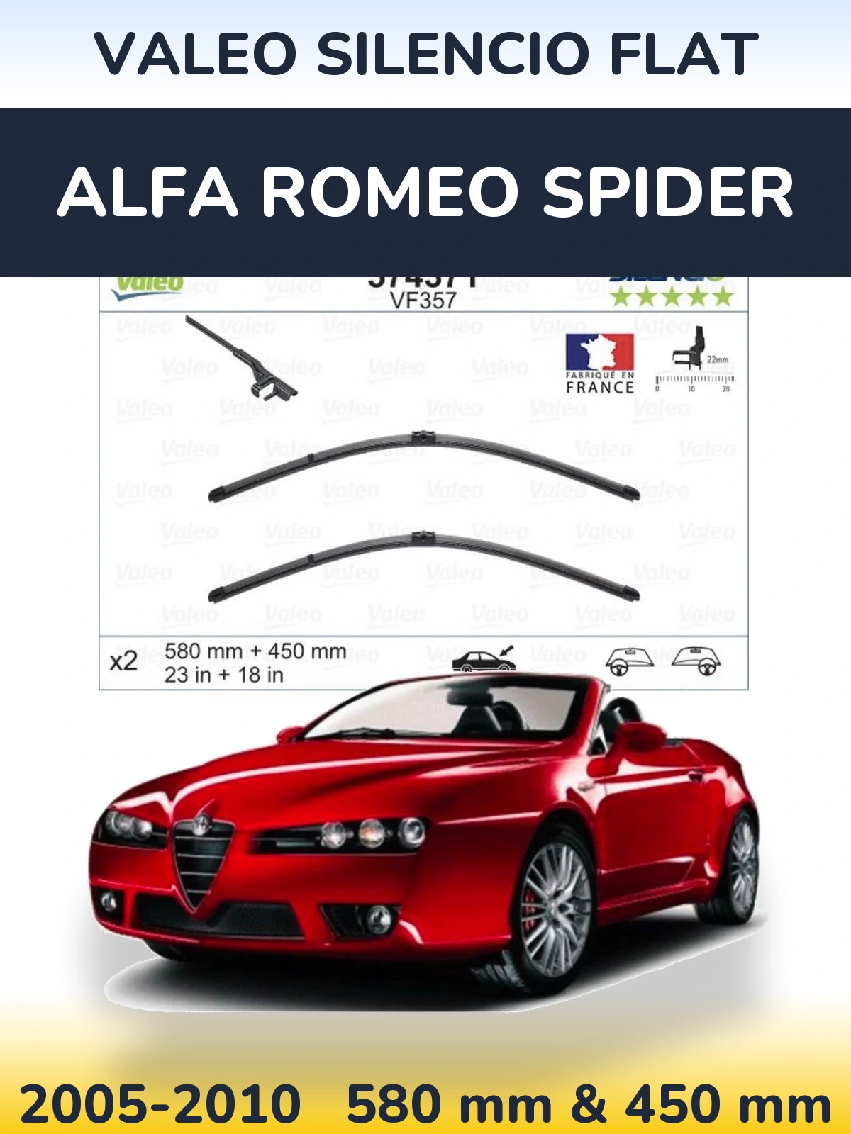 Komplet przednich wycieraczek Valeo Silencio Flat 580 & 450 mm do Alfa Romeo Spider 2005-2010