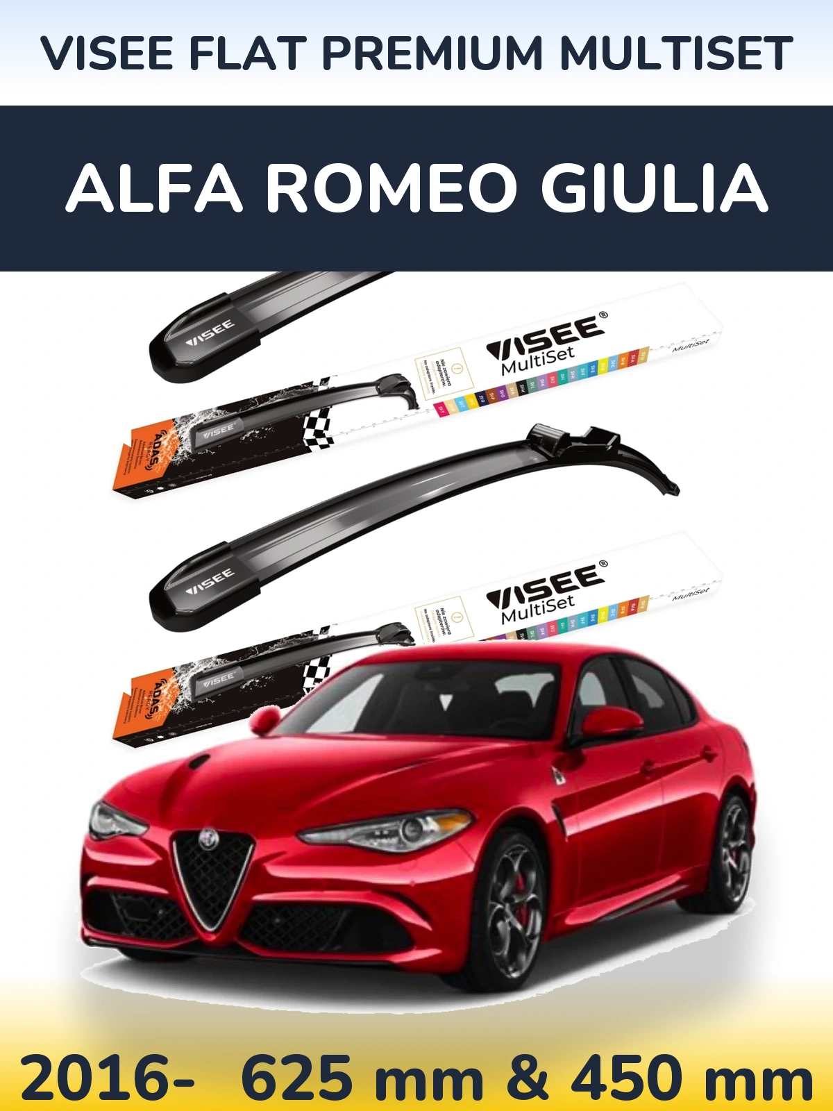 Front wiper blade set VISEE FLAT PREMIUM MultiSet 630 & 450 mm for Alfa Romeo Giulia 2016-2026