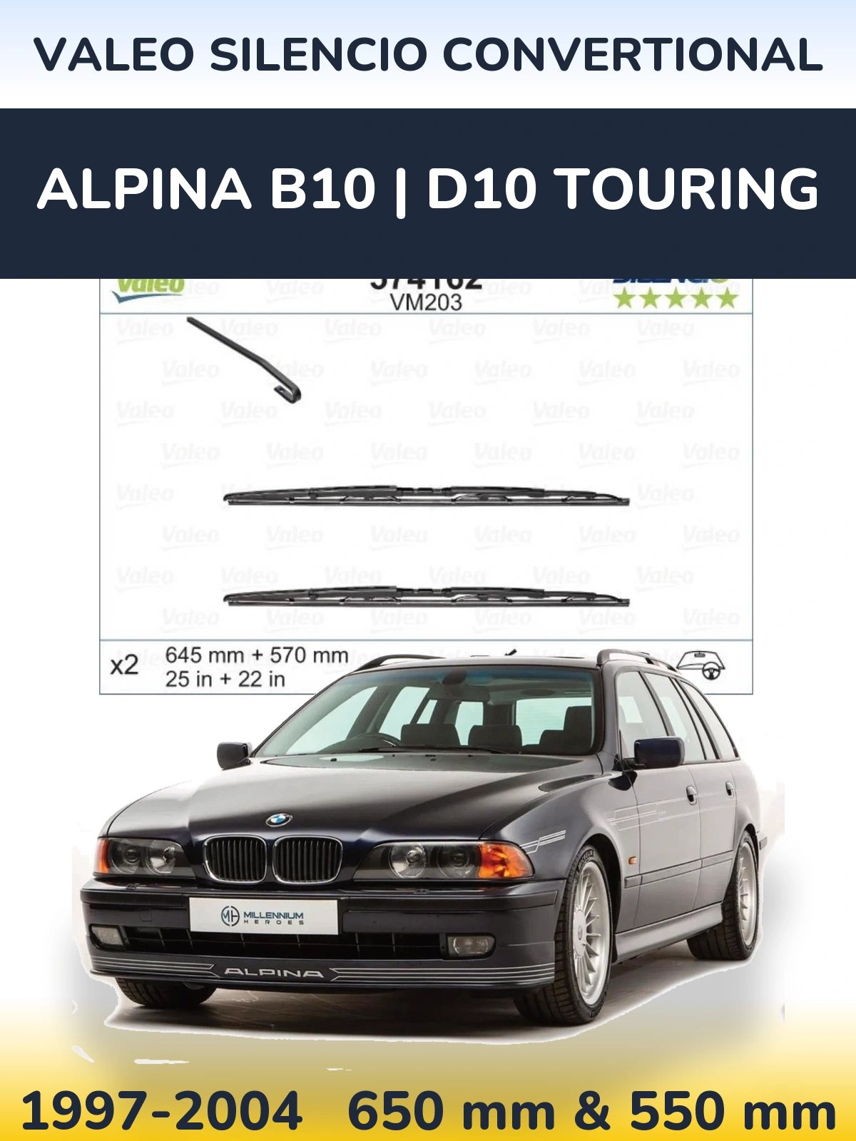 Komplet przednich wycieraczek Valeo Silencio Convertional 645 & 570 mm do Alpina B10 | D10 Touring 1997-2004