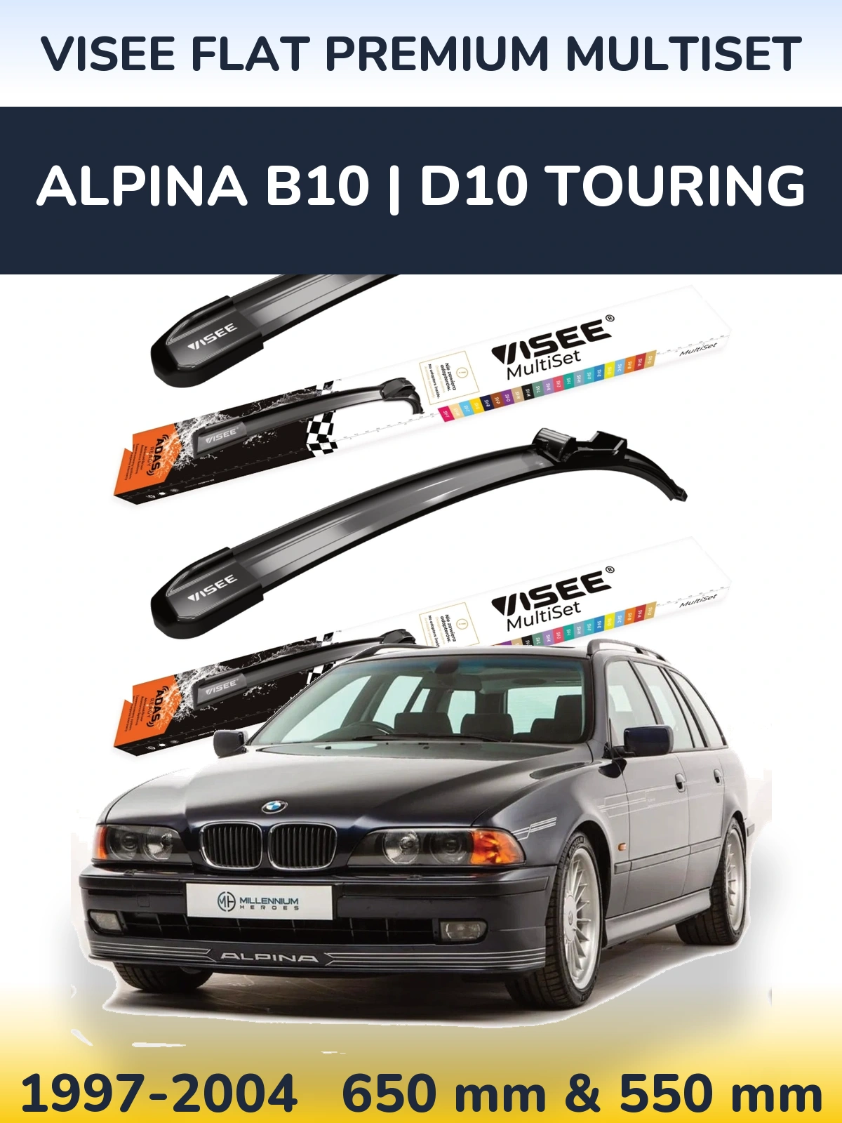 Komplet przednich wycieraczek VISEE FLAT PREMIUM MultiSet 650 & 550 mm do Alpina B10 | D10 Touring 1997-2004