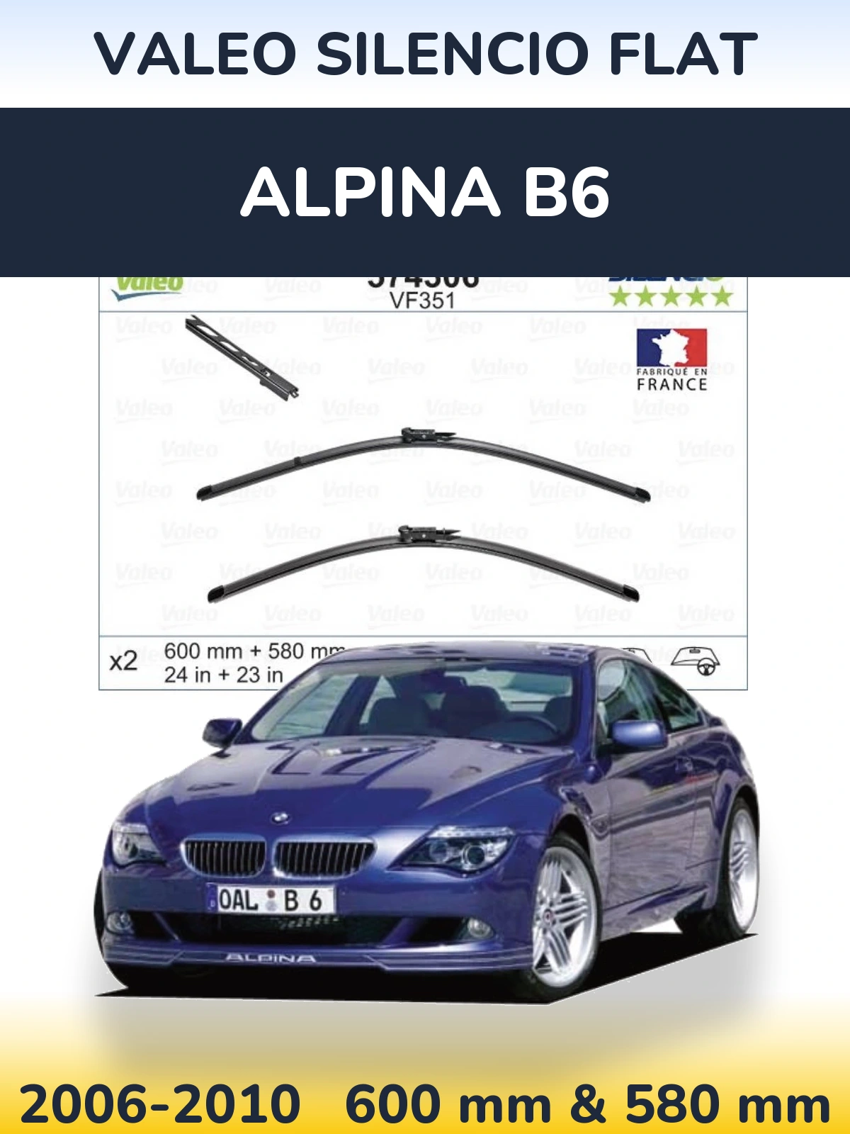 Комплект передних дворников Valeo Silencio Flat 600 & 580 мм для Alpina B6 2006-2010