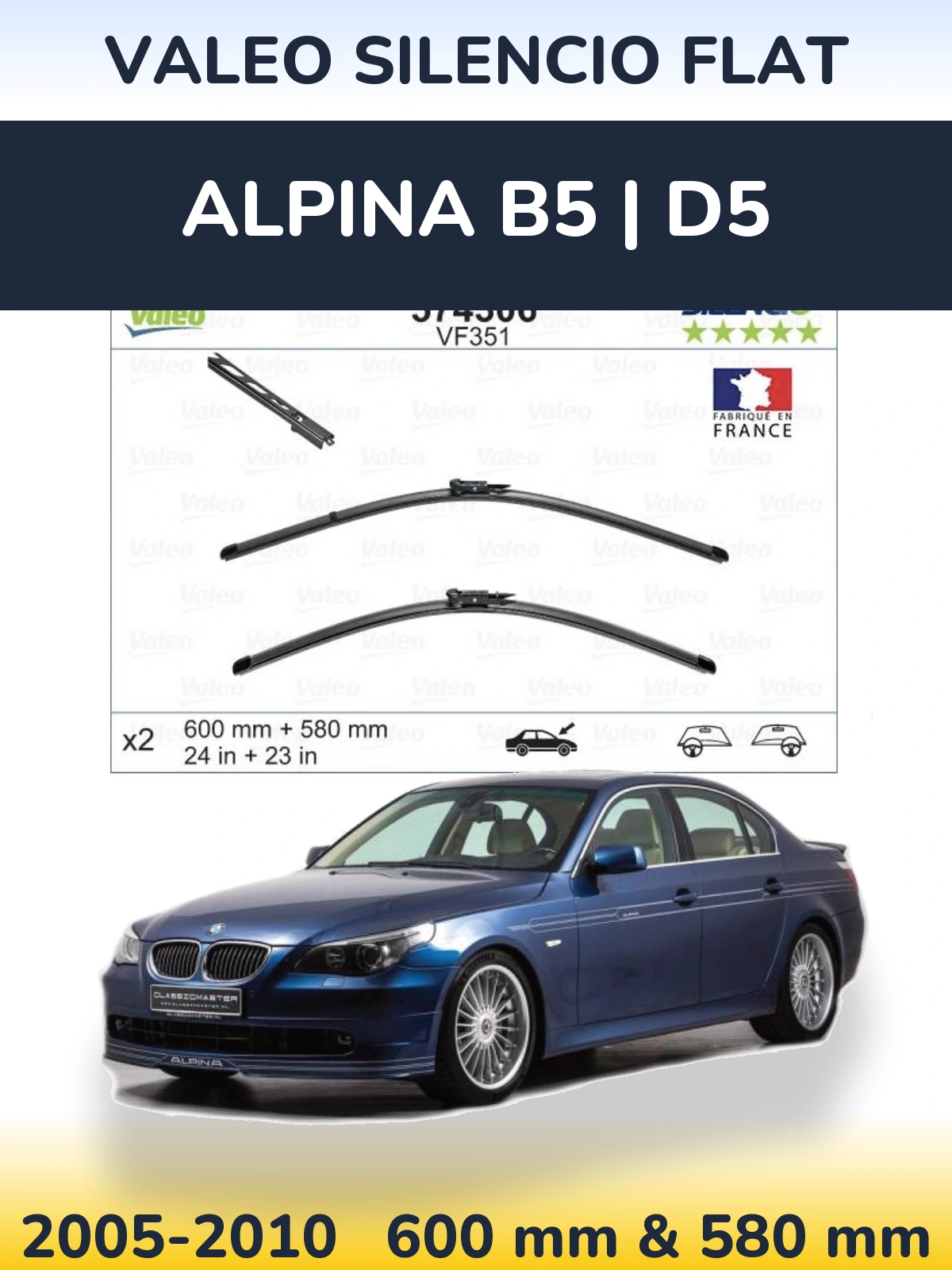 Komplet przednich wycieraczek Valeo Silencio Flat 600 & 580 mm do Alpina B5 | D5 2005-2010