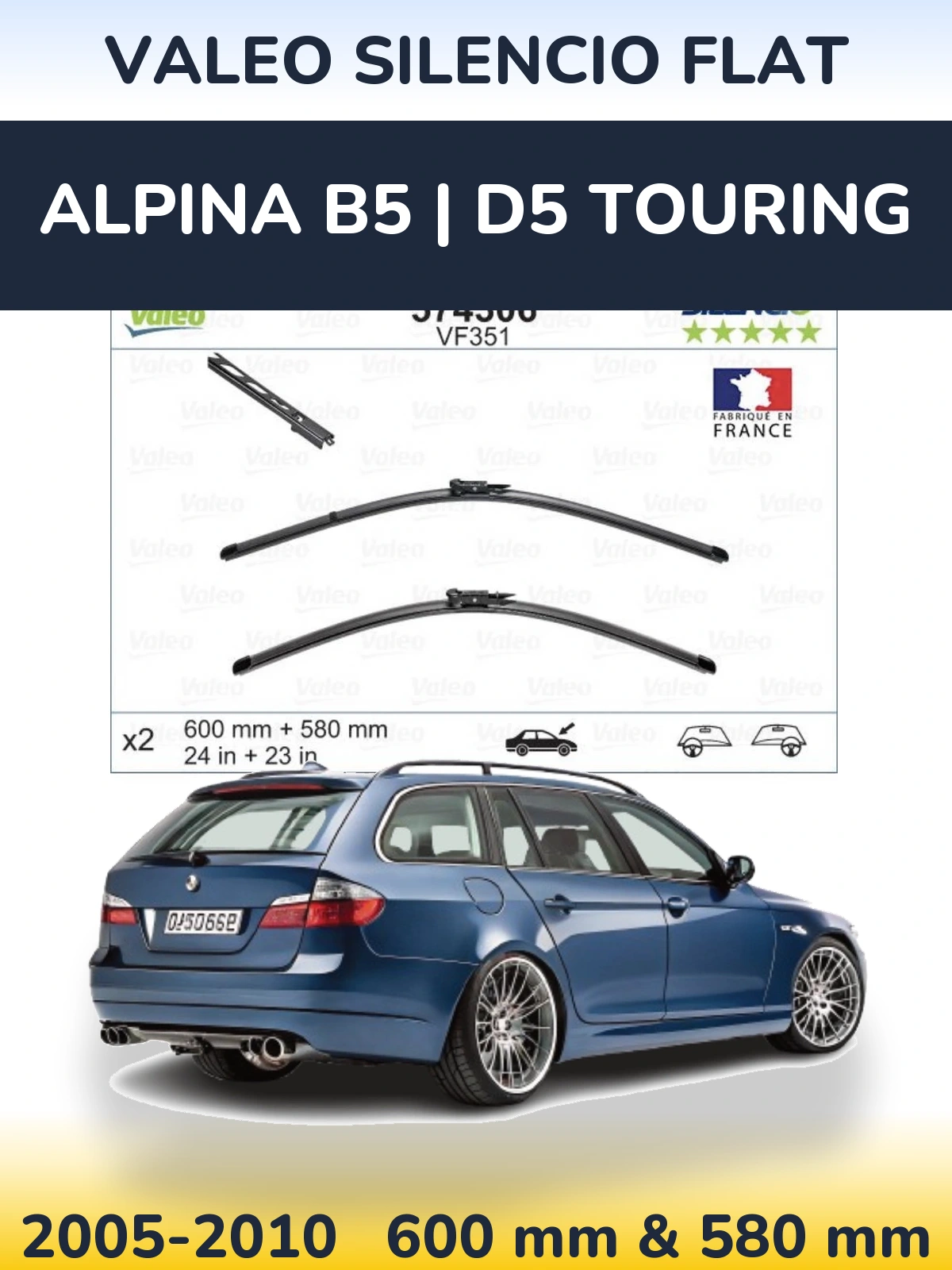 Komplet przednich wycieraczek Valeo Silencio Flat 600 & 580 mm do Alpina B5 | D5 Touring 2005-2010