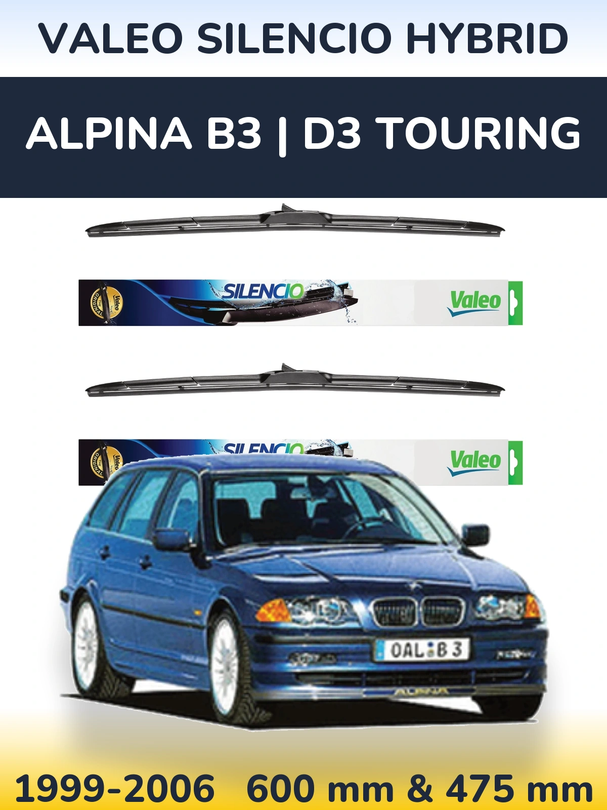 Komplet przednich wycieraczek Valeo Silencio Hybrid 600 & 475 mm do Alpina B3 | D3 Touring 1999-2006