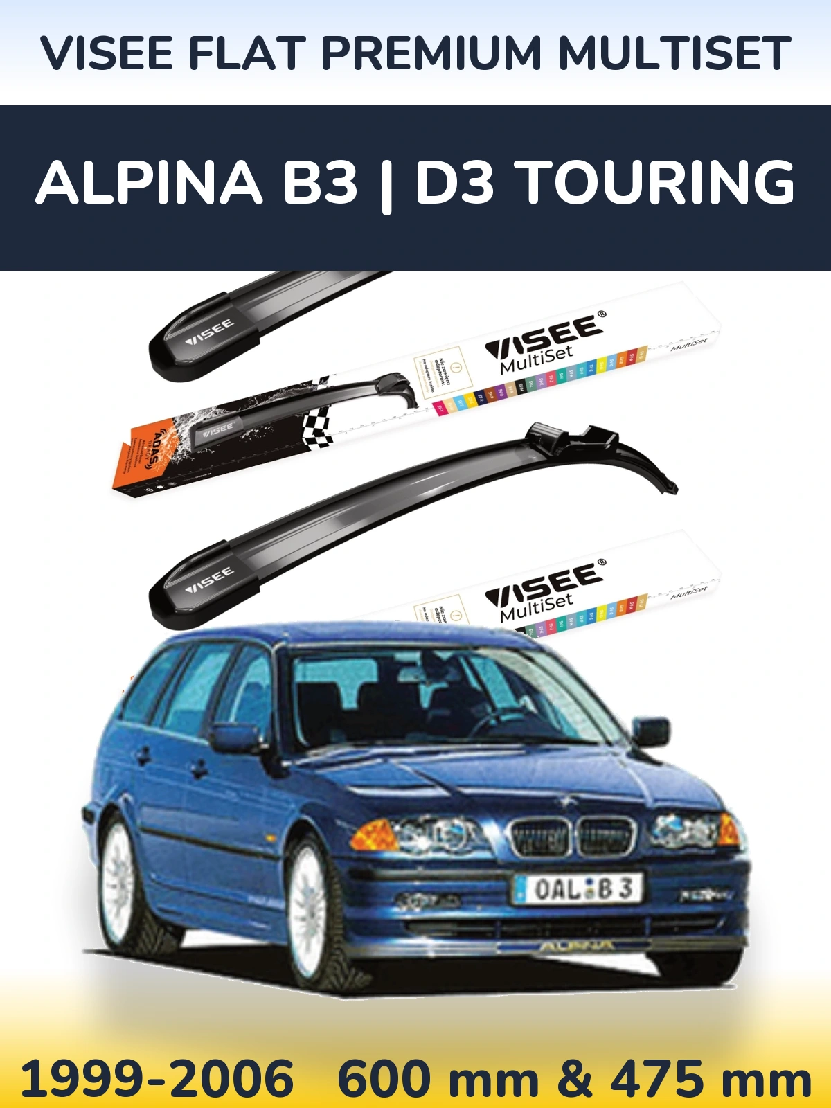 Komplet przednich wycieraczek VISEE FLAT PREMIUM MultiSet 600 & 475 mm do Alpina B3 | D3 Touring 1999-2006