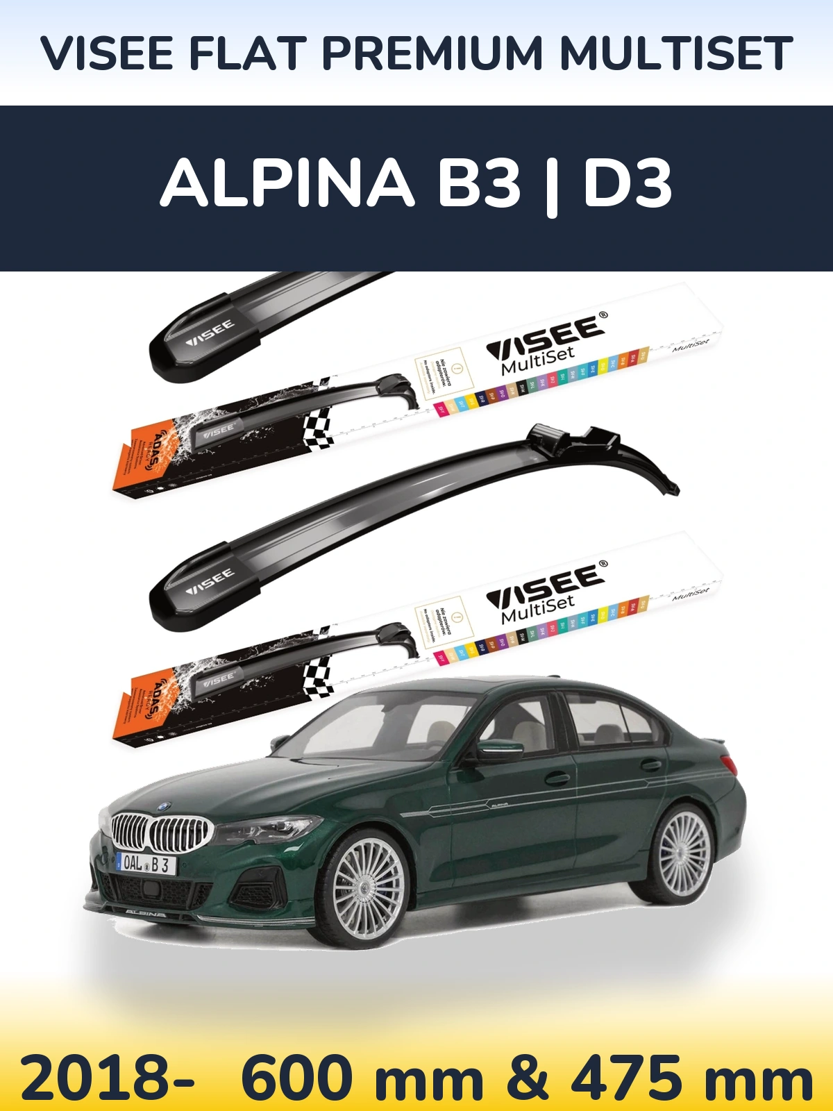 Komplet przednich wycieraczek VISEE FLAT PREMIUM MultiSet 600 & 475 mm do Alpina B3 | D3 2018-2026