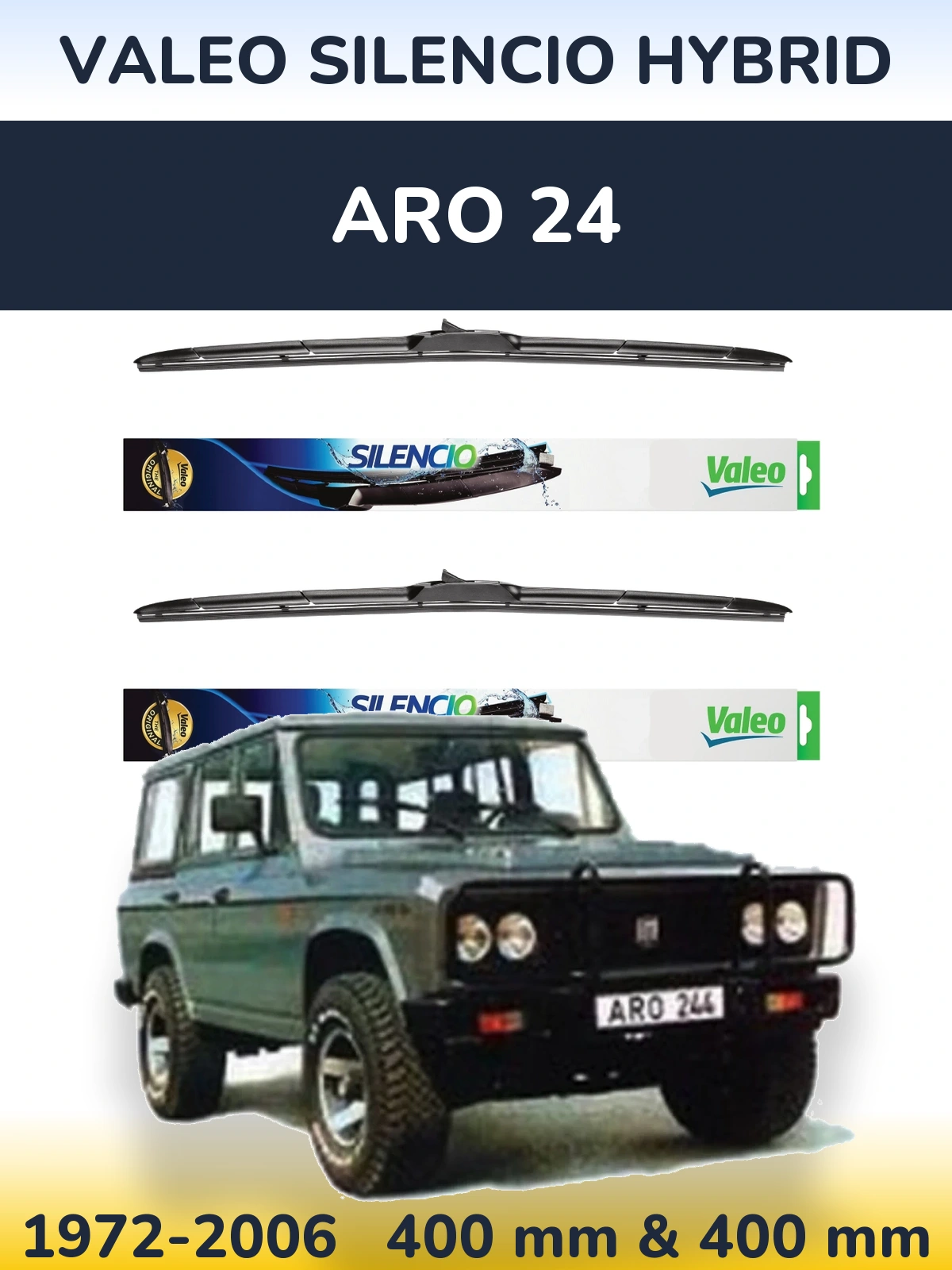 Komplet przednich wycieraczek Valeo Silencio Hybrid 400 & 400 mm do ARO 24 1972-2006