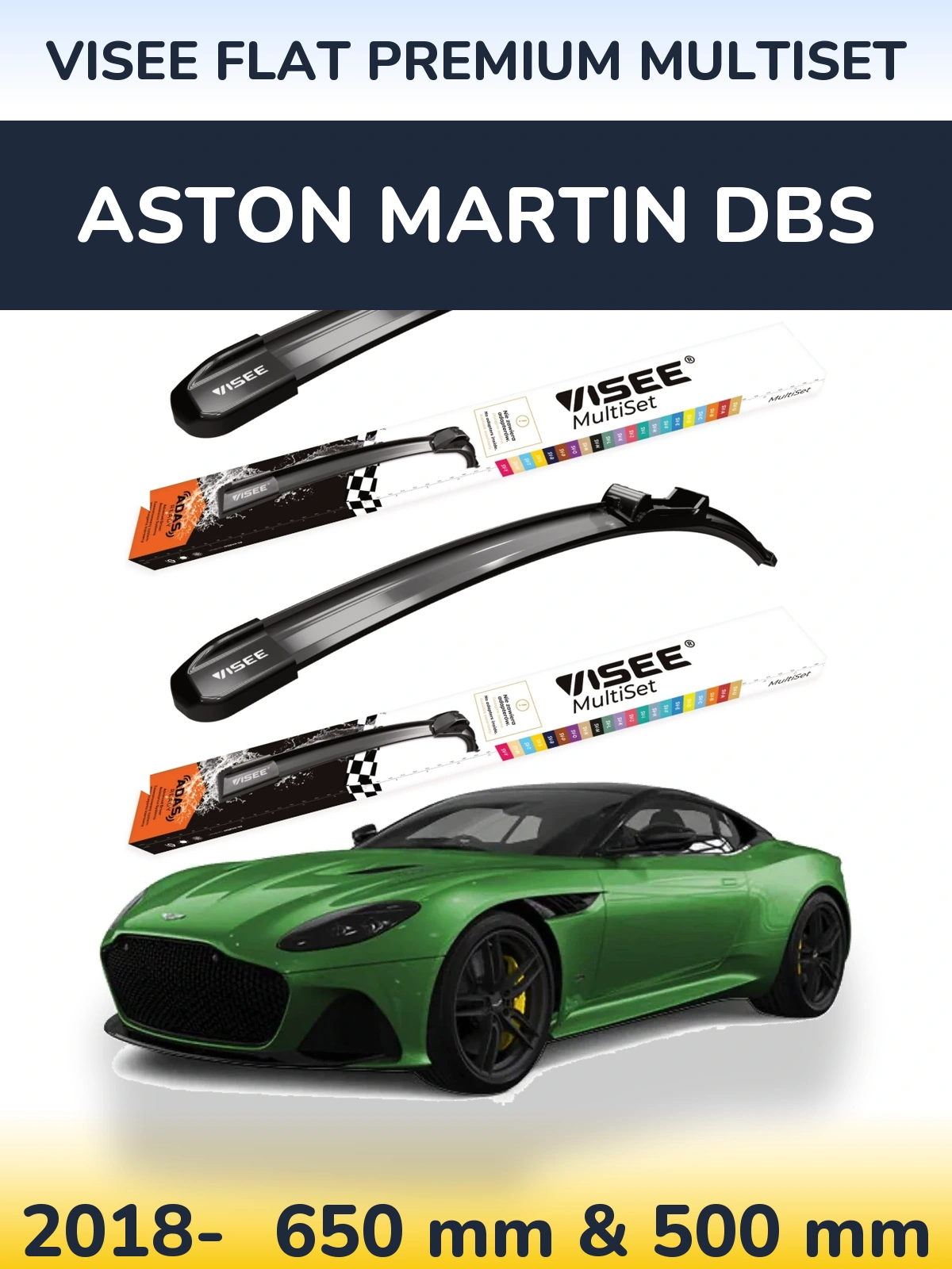 Komplet przednich wycieraczek VISEE FLAT PREMIUM MultiSet 650 & 500 mm do Aston Martin DBS Superleggera 2018-2026