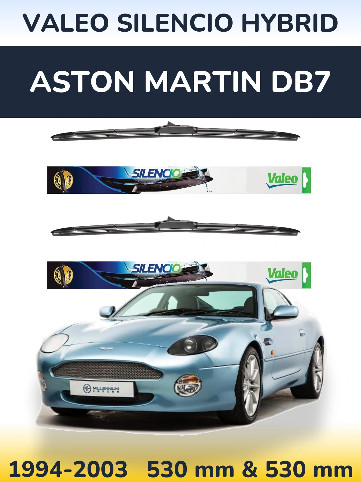 Komplet przednich wycieraczek Valeo Silencio Hybrid 530 & 530 mm do Aston Martin DB7 1994-2003