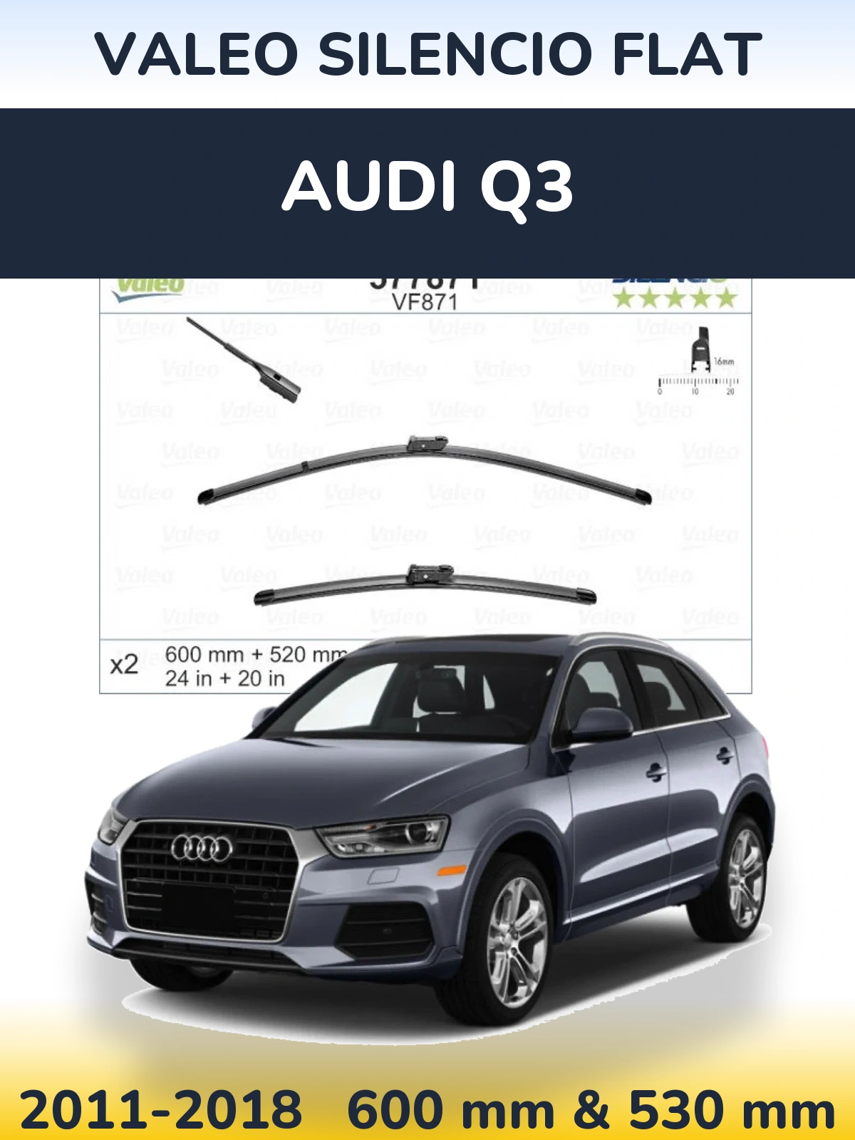 Front wiper blade set Valeo Silencio Flat 600 & 520 mm for Audi Q3 2011-2018