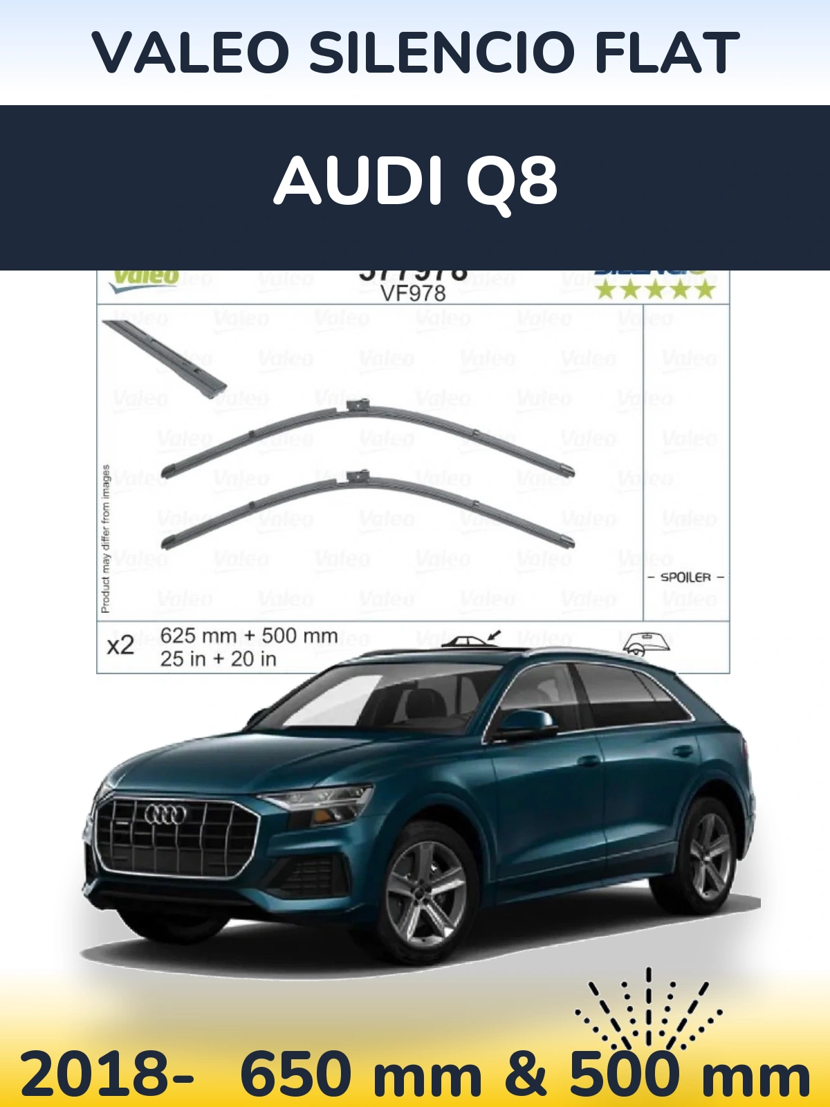Front wiper blade set Valeo Silencio Flat 625 & 500 mm for Audi Q8 2018-2026