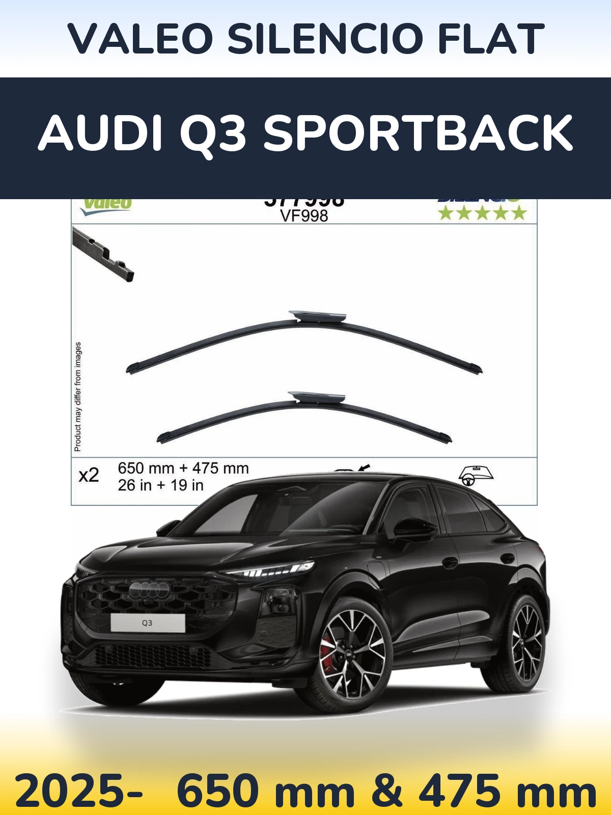 Komplet przednich wycieraczek Valeo Silencio Flat 650 & 475 mm do Audi Q3 Sportback 2025-2026