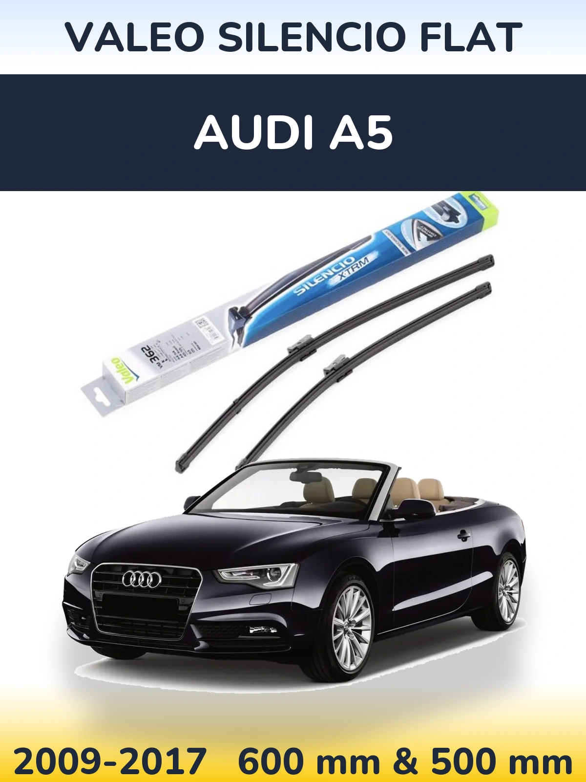 Front wiper blade set Valeo Silencio Flat 600 & 500 mm for Audi A5 2009-2017