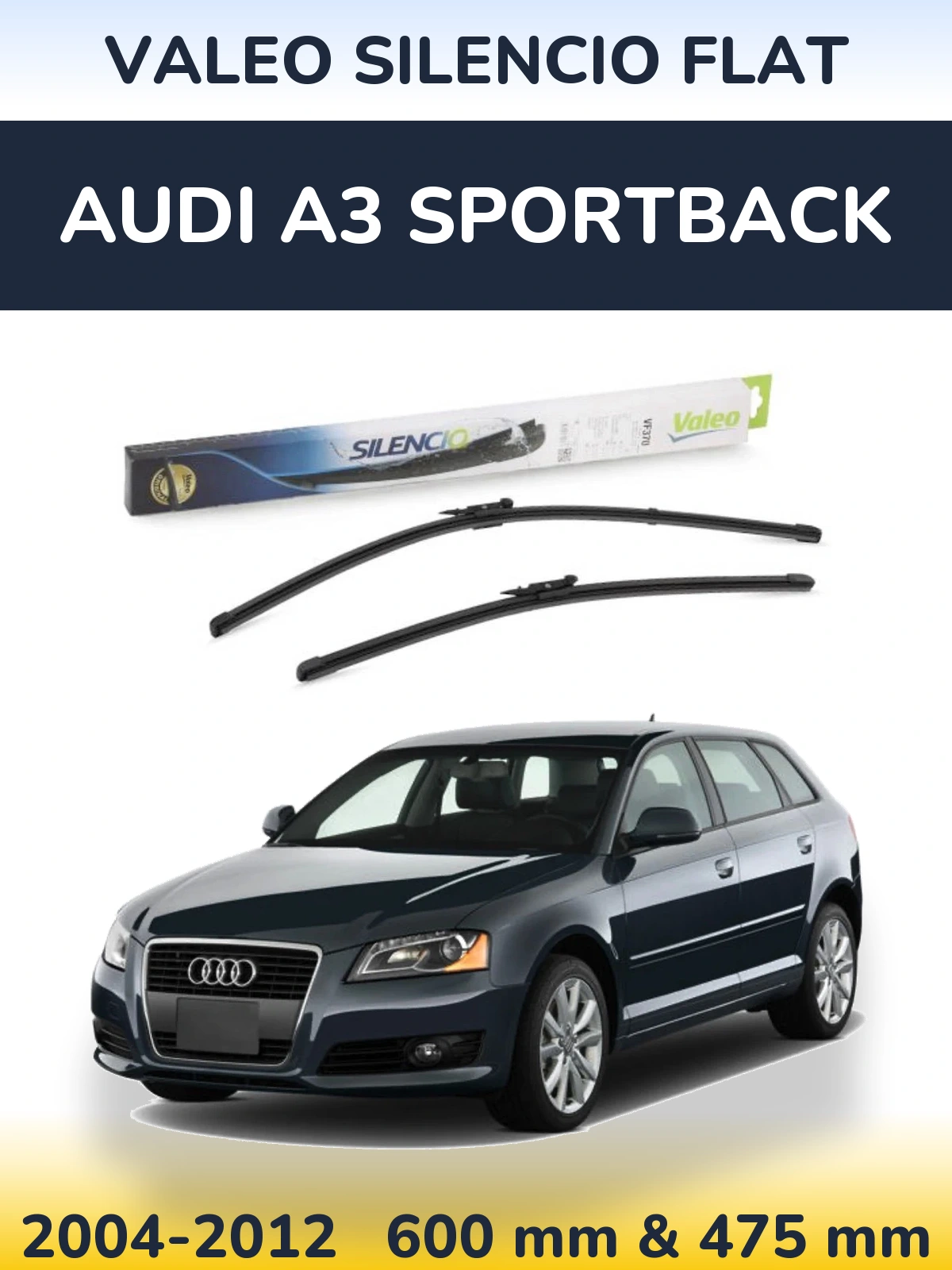 Front wiper blade set Valeo Silencio Flat 600 & 475 mm for Audi A3 Sportback 2004-2012