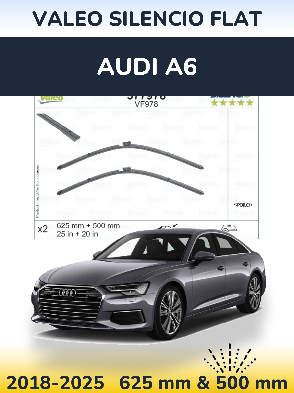 Комплект передних дворников Valeo Silencio Flat 625 & 500 мм для Audi A6 2018-2025