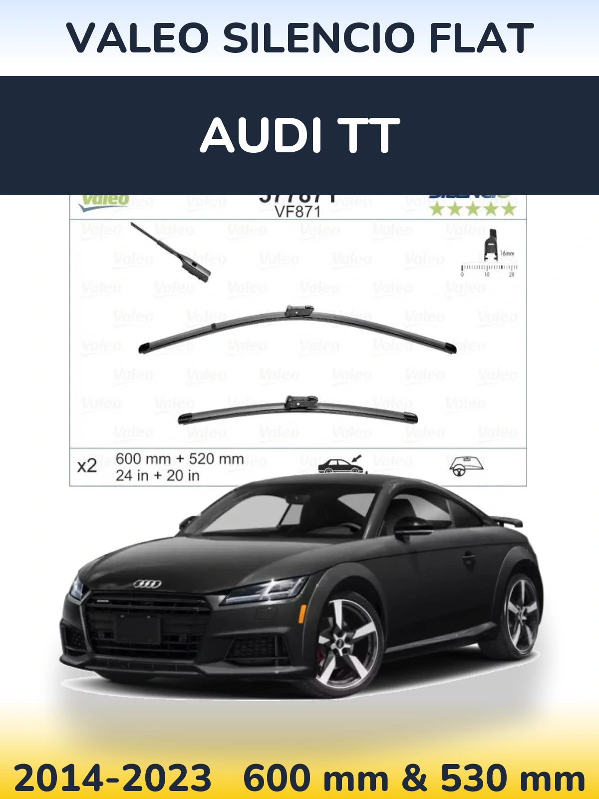 Front wiper blade set Valeo Silencio Flat 600 & 520 mm for Audi TT 2014-2023