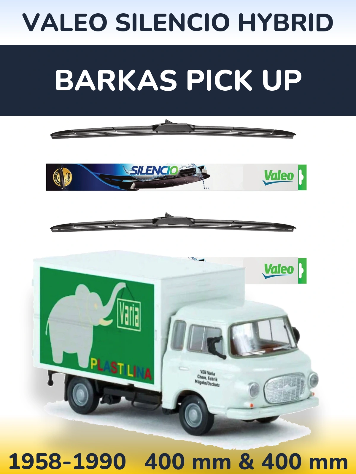 Komplet przednich wycieraczek Valeo Silencio Hybrid 400 & 400 mm do Barkas Pick Up 1958-1990