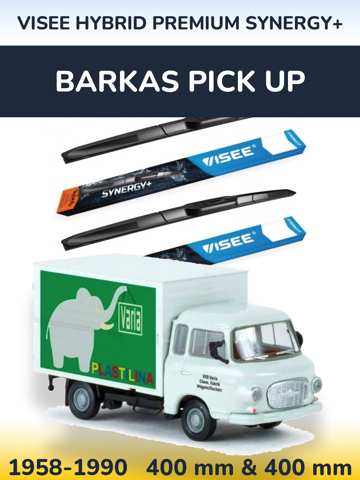 Front wiper blade set VISEE HYBRID PREMIUM SYNERGY+ 400 & 400 mm for Barkas Pick Up 1958-1990