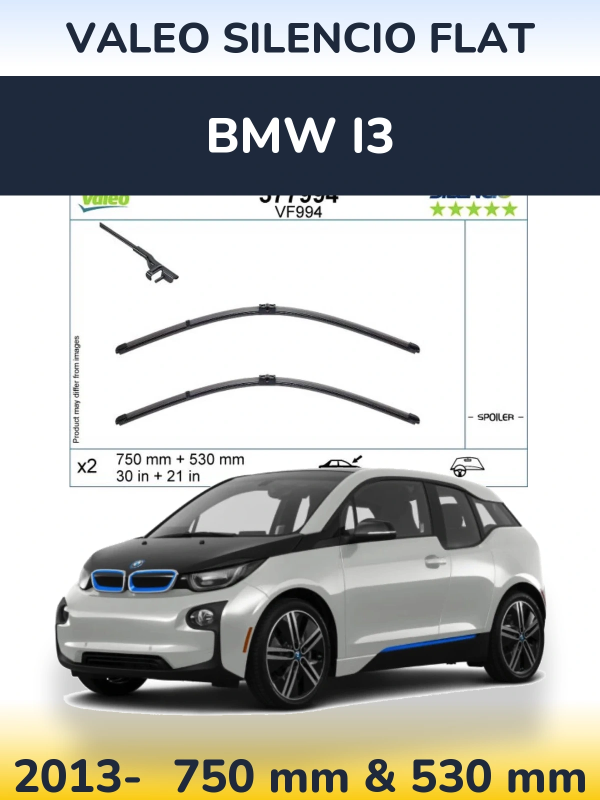 Komplet przednich wycieraczek Valeo Silencio Flat 750 & 530 mm do BMW i3 2013-2026