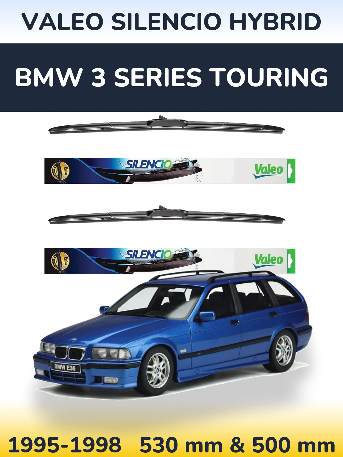 Komplet przednich wycieraczek Valeo Silencio Hybrid 530 & 500 mm do BMW Seria 3 Touring 1995-1998