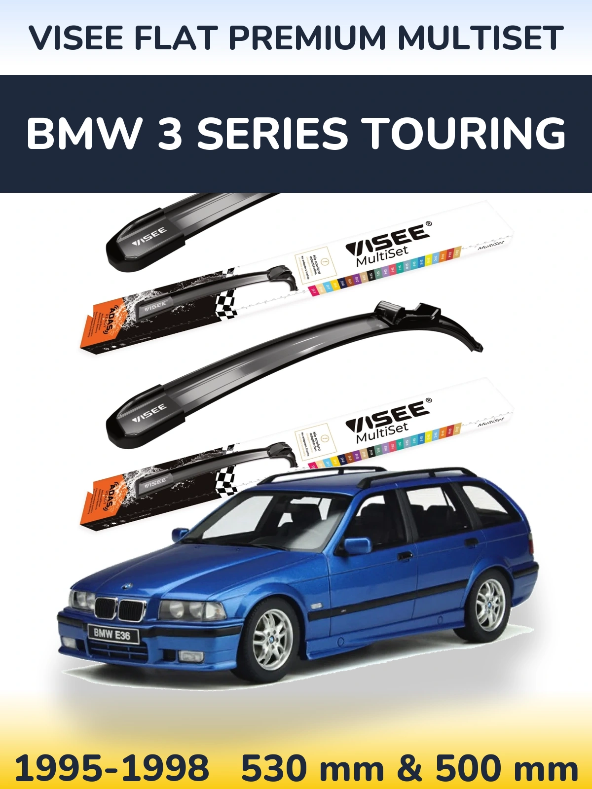 Komplet przednich wycieraczek VISEE FLAT PREMIUM MultiSet 530 & 500 mm do BMW Seria 3 Touring 1995-1998