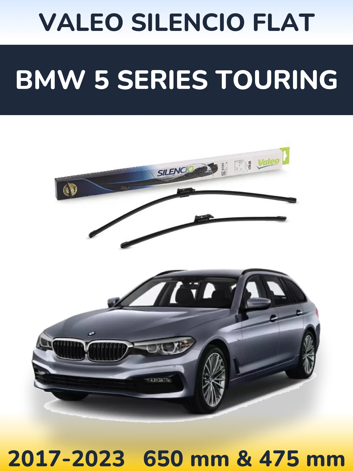 Front wiper blade set Valeo Silencio Flat 650 & 475 mm for BMW 5 Series Touring 2017-2023