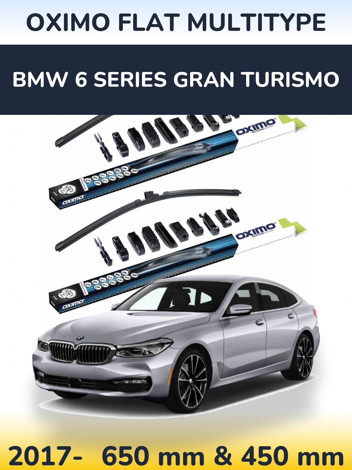 Front wiper blade set Oximo Flat MultiTypee 650 & 450 mm for BMW 6 Series Gran Turismo 2017-2026