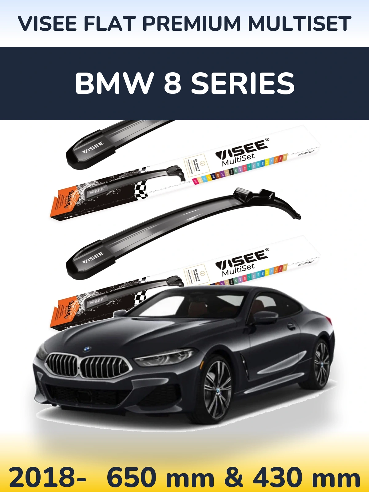 Komplet przednich wycieraczek VISEE FLAT PREMIUM MultiSet 650 & 430 mm do BMW Seria 8 2018-2026