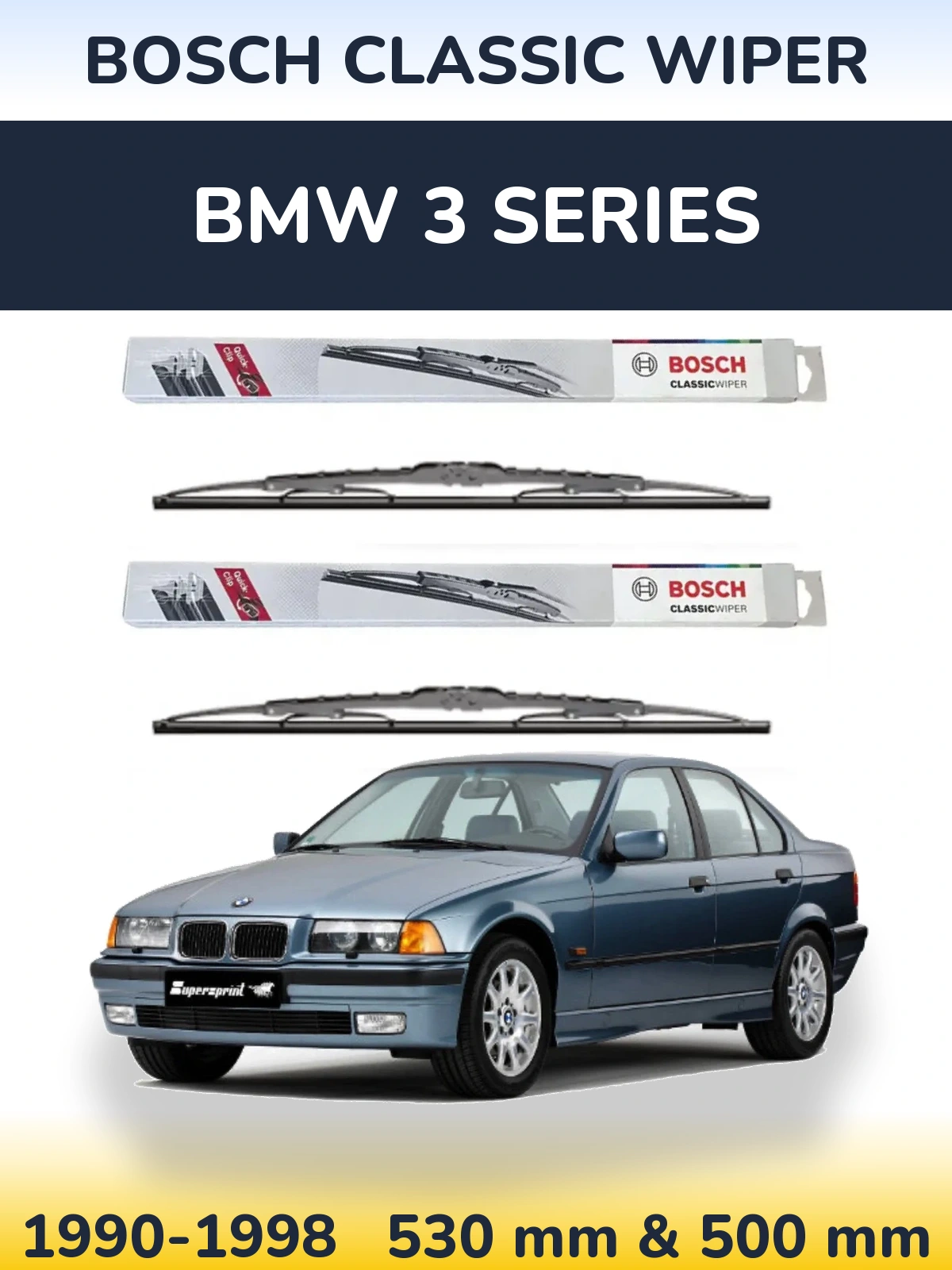 Front wiper blade set BOSCH Classic Wiper 530 & 500 mm for BMW 3 Series 1990-1998