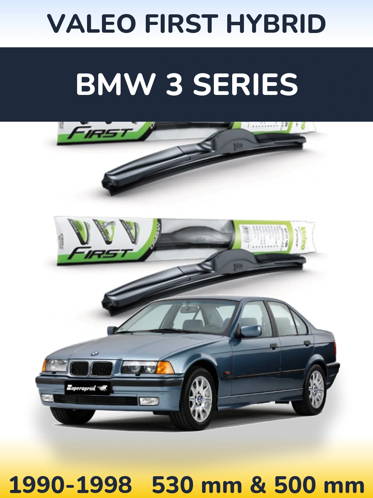 Front wiper blade set Valeo First Hybrid 530 & 500 mm for BMW 3 Series 1990-1998