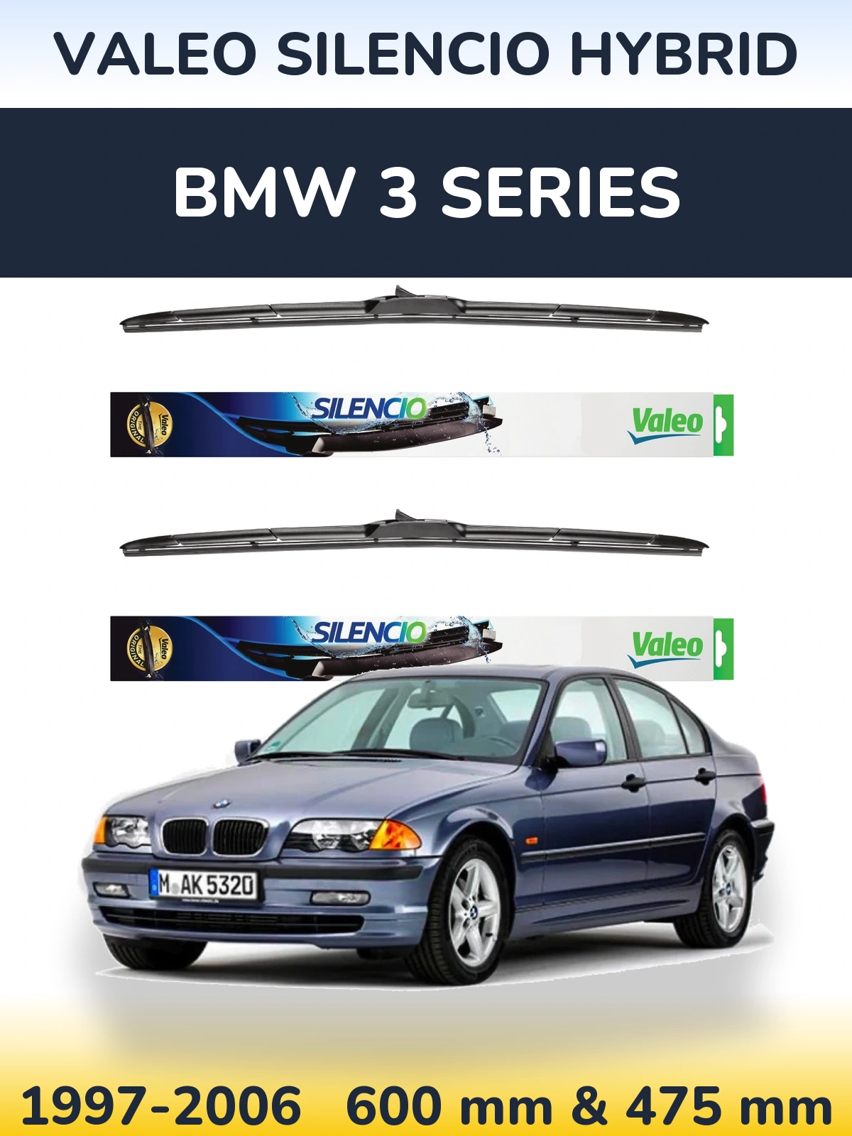 Комплект передних дворников Valeo Silencio Hybrid 600 & 475 мм для BMW 3 Series 1997-2006