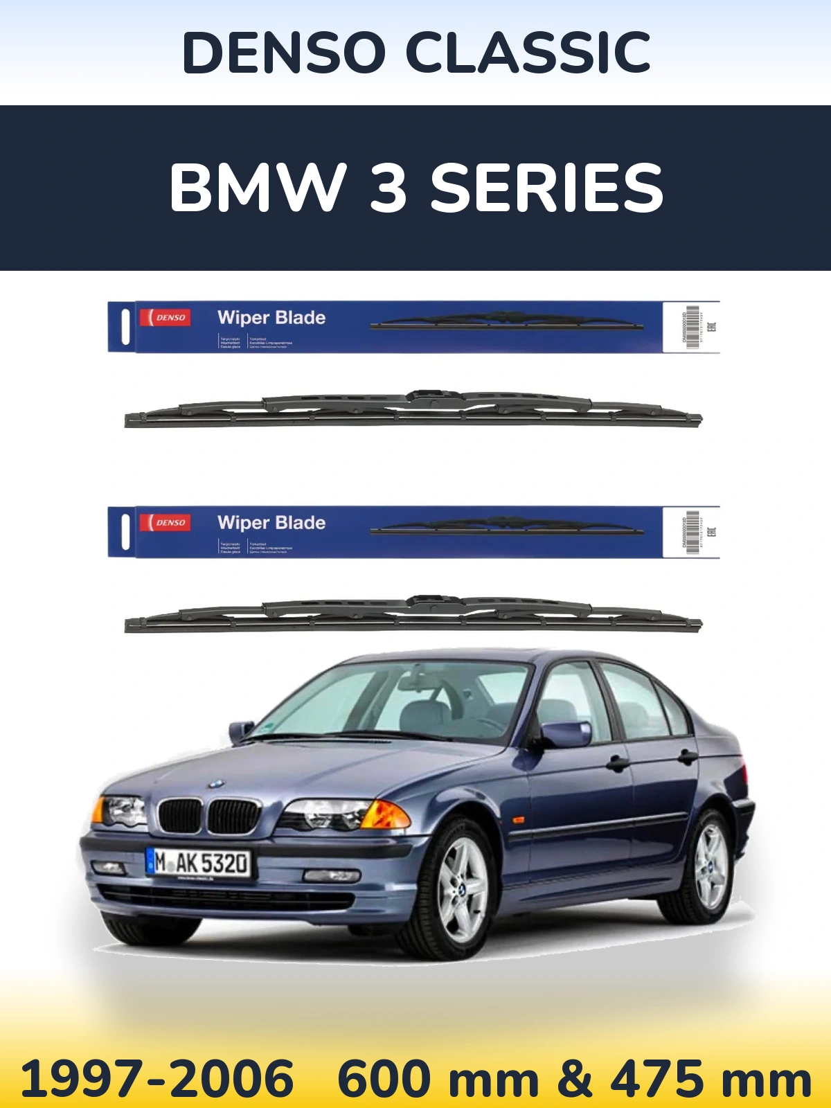 Front wiper blade set Denso Classic 600 & 475 mm for BMW 3 Series 1997-2006