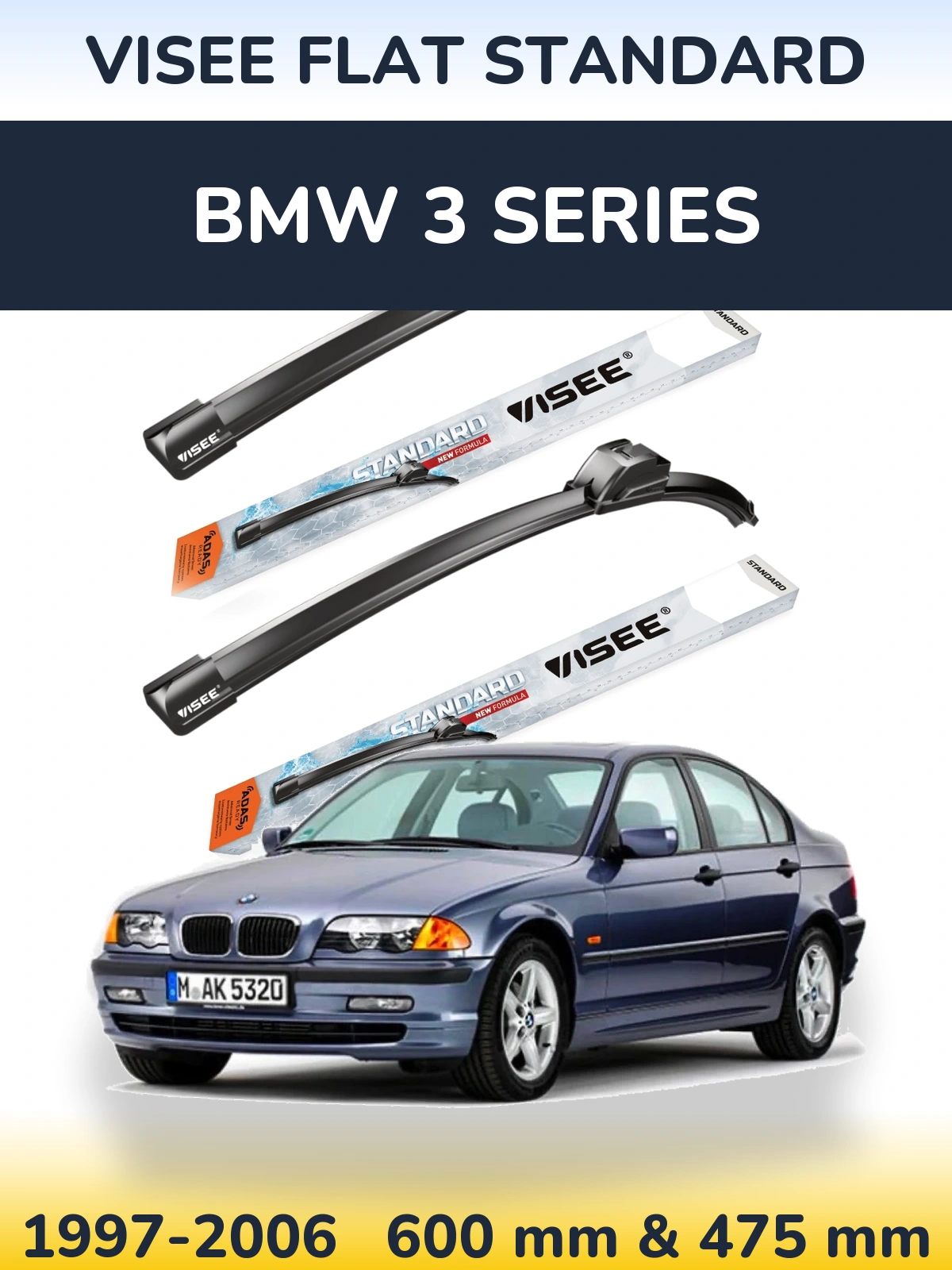 Front wiper blade set VISEE FLAT STANDARD 600 & 475 mm for BMW 3 Series 1997-2006