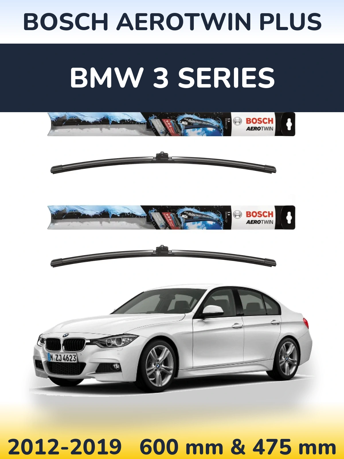 Front wiper blade set BOSCH AeroTwin Plus 600 & 475 mm for BMW 3 Series 2012-2019